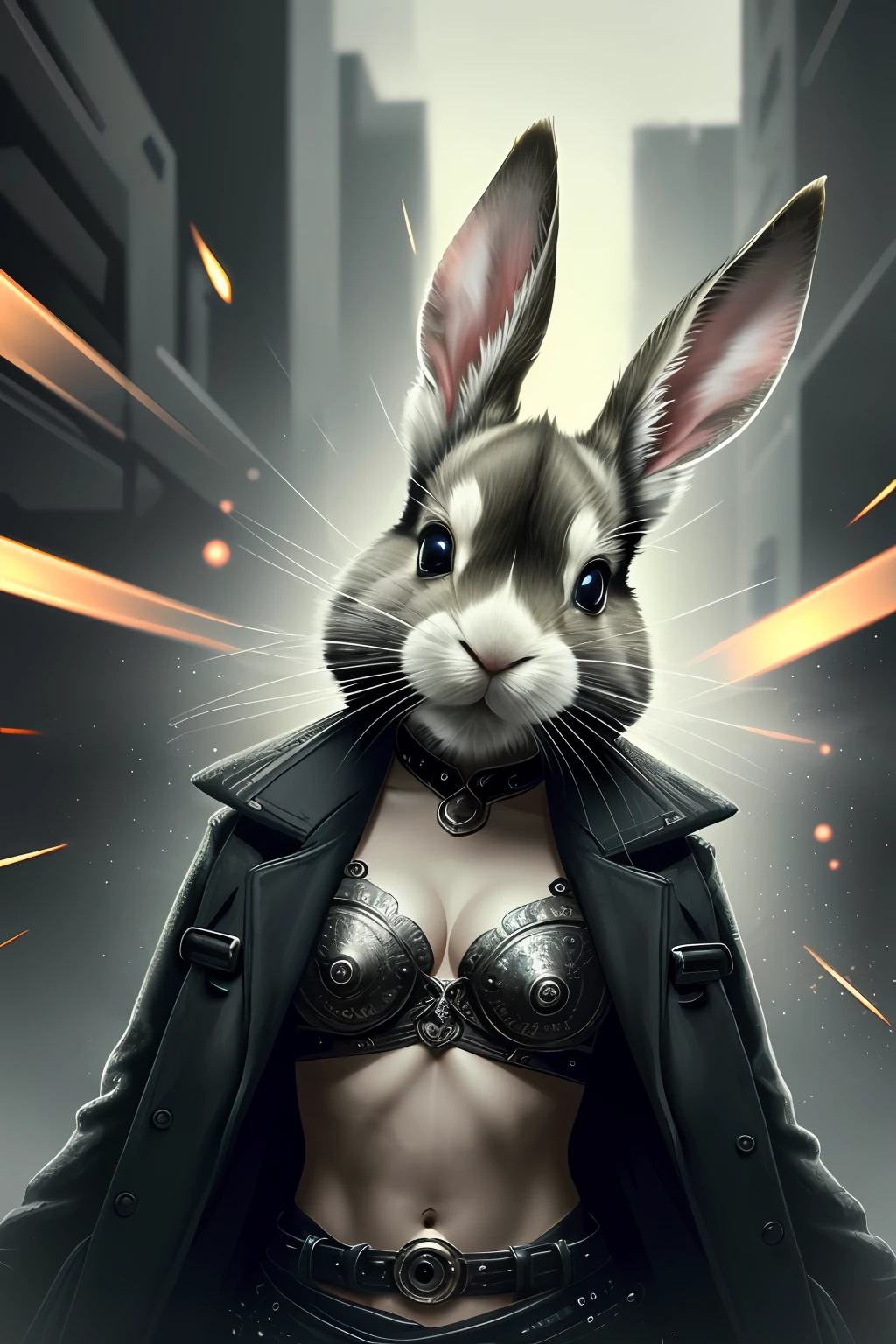 Cyberpunk Rabbit、Cyberpunk gangster close up symmetrical portrait、Biomechanics、mshn robot、Orange-red splashes、Ultra-realistic and complex design、(insanely detaileda:1.4)、(Very fine detail:1.35)、Very sharp lines、steel、电影灯光、Photorealsitic、Detailed paintings by Ayami Kojima and Lilia Alvarado、(top-quality、hightquality、absurderes、intricate detailes、masterpiece、movie)、ighly detailed、motion-blur、 film grains、Noise、Lens effects、