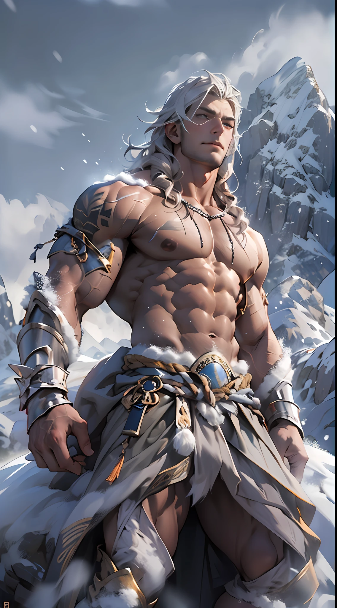 Mighty warrior, shirtless upper body, legs exposed from thighs to feet, cascading long curls, detailed muscular physique, lifelike depiction, 4K resolution. Background: Snow-covered mountain peak,32k uhd, best quality, masterpiece, super detail, high details