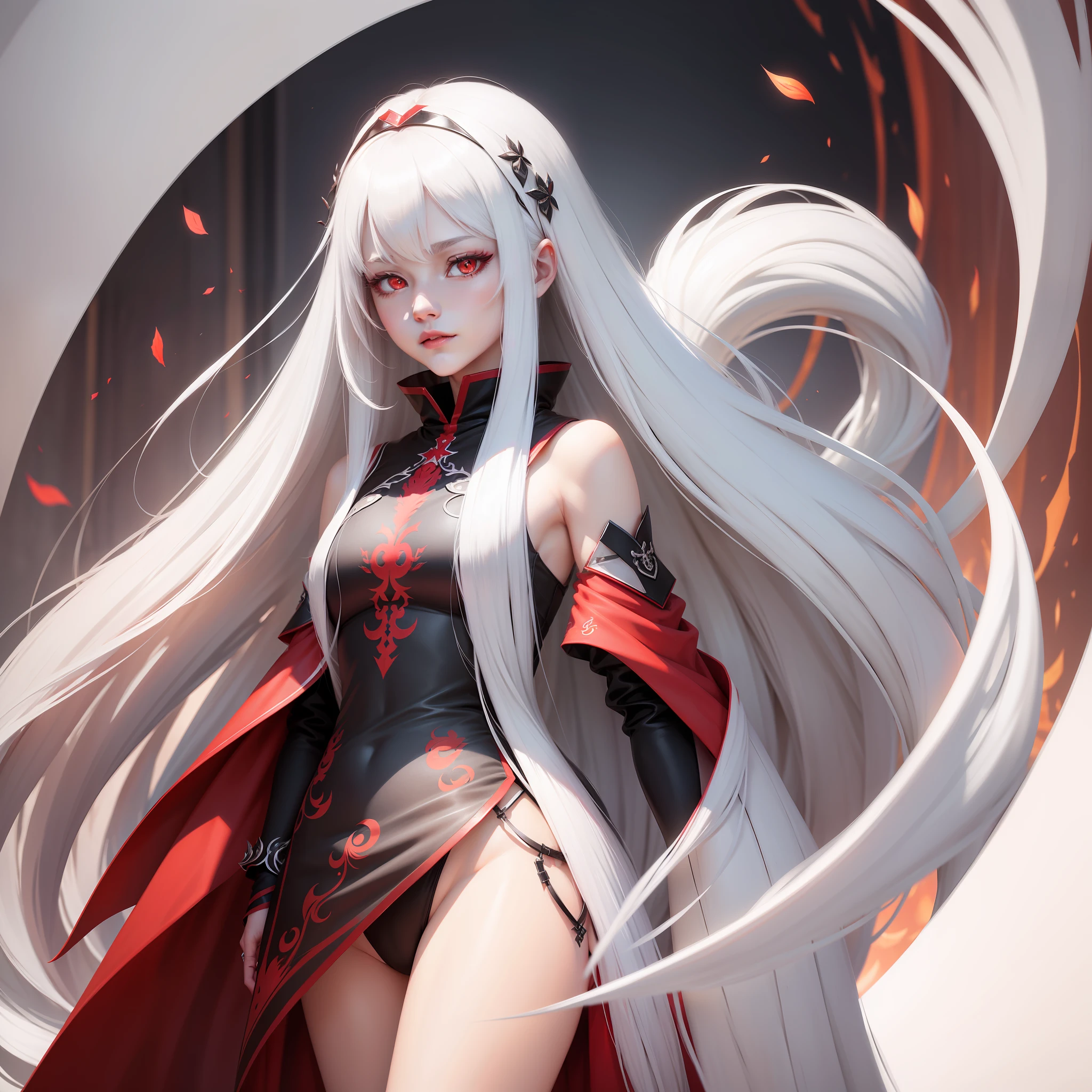 White hair, red eyes, character description, detailed details optimization: long  white hair,Qi bangs,Velvety texture,Red pupils,Bright and shining。