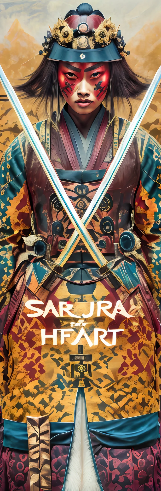 samurai portrait,A traditional katana full of action,Inspired by samurai movie posters,Showcasing the majesty and power of ancient Japanese samurai,Wear samurai armor and gorgeous costumes,Highlight the samurai personality,Symbolizes the spirit of samurai dueling,Incorporate elements of African culture,Inspired by Sarakokano and Kameda Hosai。