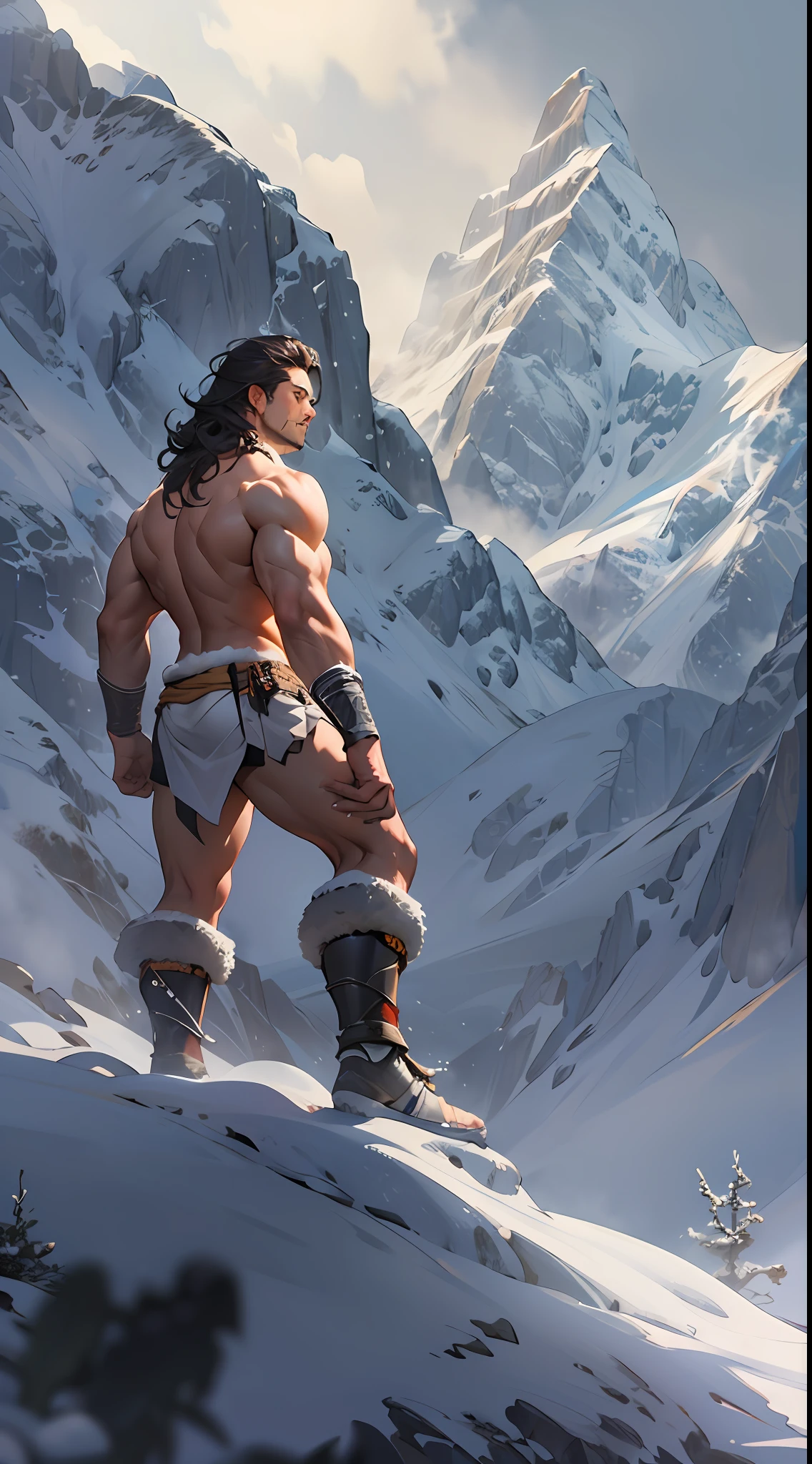 Mighty warrior, shirtless upper body, legs exposed from thighs to feet, cascading long curls, detailed muscular physique, lifelike depiction, 4K resolution. Background: Snow-covered mountain peak,32k uhd, best quality, masterpiece, super detail, high details