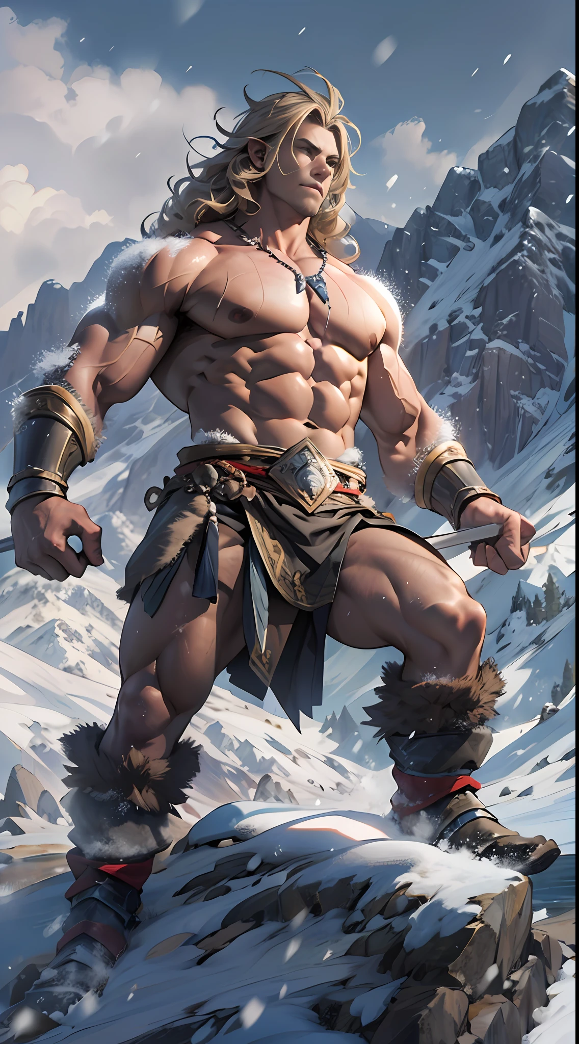 Mighty warrior, shirtless upper body, legs exposed from thighs to feet, cascading long curls, detailed muscular physique, lifelike depiction, 4K resolution. Background: Snow-covered mountain peak,32k uhd, best quality, masterpiece, super detail, high details