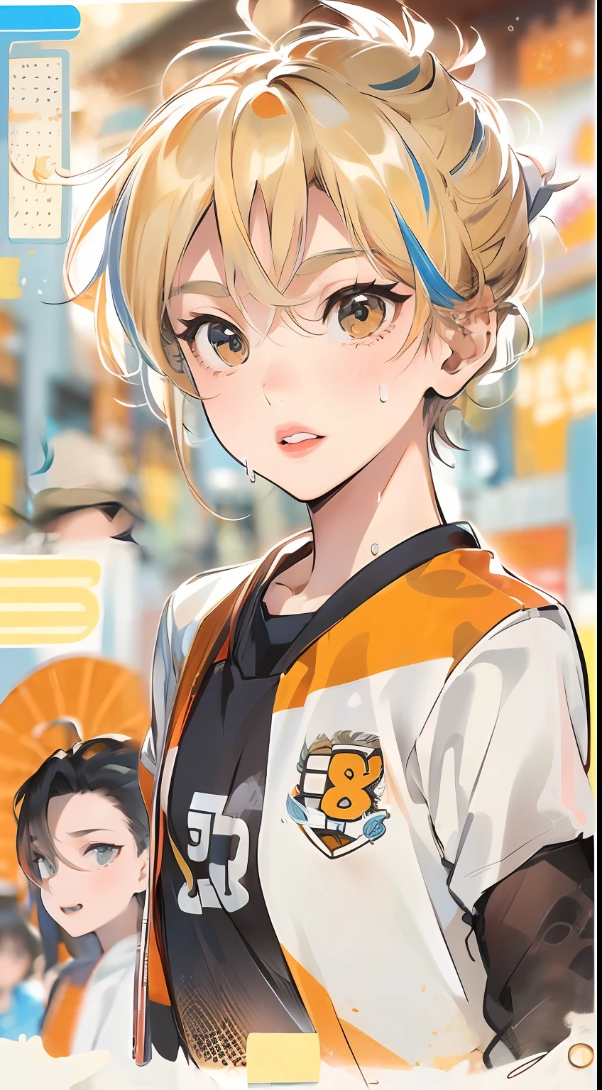 Nishinoya Yu ,独奏,1boys,tmasterpiece,best qualityer,((1人))。((Older),Haihisa!!nishinoya_Yuu high resolution,Ball black_hair (blonde_hair) brown_eyes clothes_writing,Feather footprints karasuno_volleyball_uniform male_focus multicolored_hair orange_shirt parted_lips playing_Sports shirt short_Hair solo (streaked_hair) Sweat two tones_hair upper_Body volleyball (volleyball_uniform) (volleyball field)