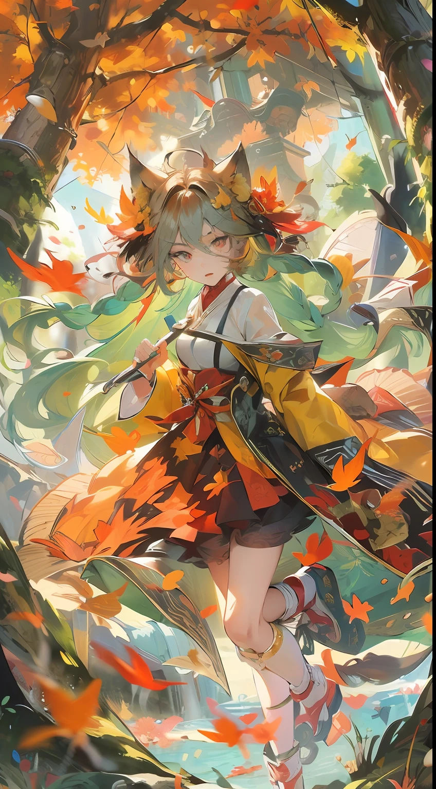 englai Fairyland,Chinese mythology,Colorful auspicious clouds,
autumn, autumn_leaves, falling_leaves, holding_leaf, leaf, leaf_background, leaf_hair_ornament, maple_leaf, aki_shizuha, leaf_print, starfish, anger_vein, ginkgo_leaf, leaf_on_head, spoken_anger_vein, tree, waterfall, sweet_potato, dragonfly, acorn, solo, braid, blurry_foreground, 1girl, day, painting, depth_of_field, blurry, long_hair, branch, hair_ornament, leaves_in_wind, forest, outdoors, nature, campfire, shirt, looking_at_viewer, onsen, koi, sitting, masterpiece, best quality, (best quality), ((masterpiece)), (highres), original, extremely detailed 8K wallpaper, (an extremely delicate and beautiful),((detailed face)),beautiful detail eyes,hair fluttering in the wind,messy hair,lens flare,
1girl,full body,(golden eye),(red eye),(wolf ear),(yellow hair),(wolf tail),(wolf ears),(a cute young girl:1.1),(wolf ear),beautiful detailed eyes,orange hair, very long hair,small breasts,(looking at viewer),
(magazine:1.3), (cover-style:1.3), fashionable, woman, vibrant, outfit, posing, front, colorful, dynamic, background, elements, confident, expression, holding, statement, accessory, majestic, coiled, around, touch, scene, text, cover, bold, attention-grabbing, title, stylish, font, catchy, headline, larger, striking, modern, trendy, focus, fashion,