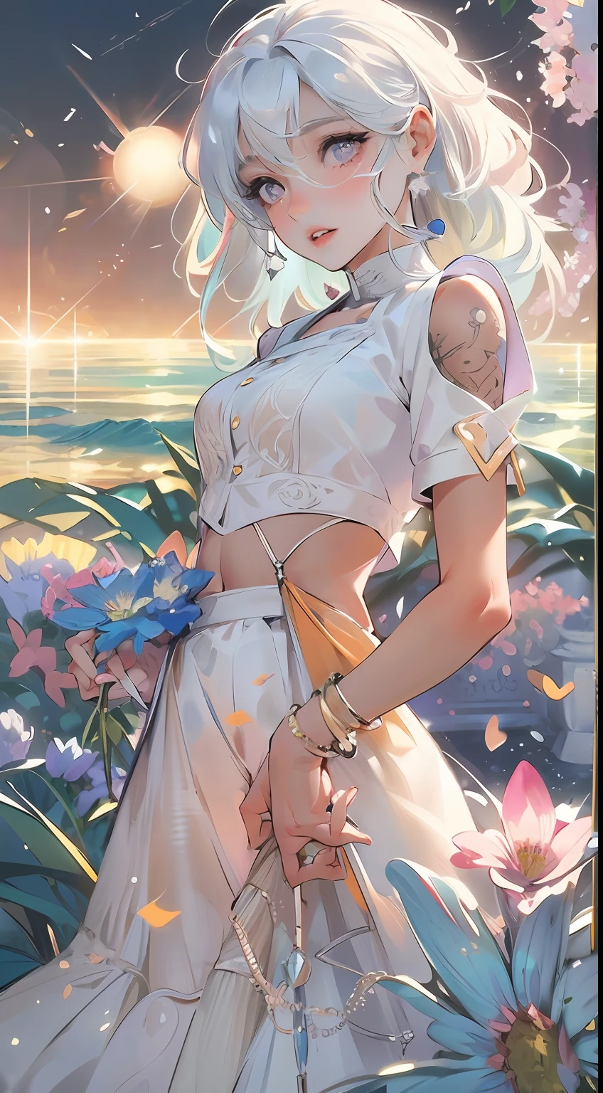Realistic, 1girl, white hair, purple eyes, glowing eyes, cropped top, skirt, parted lips, blush, night, flowers, sun, sunlight, white skirt, short skirt, medium length hair, real, warm colors, white short Dress, white clothes, light background color, day environment, bright color background, saudi, ocean, cute,