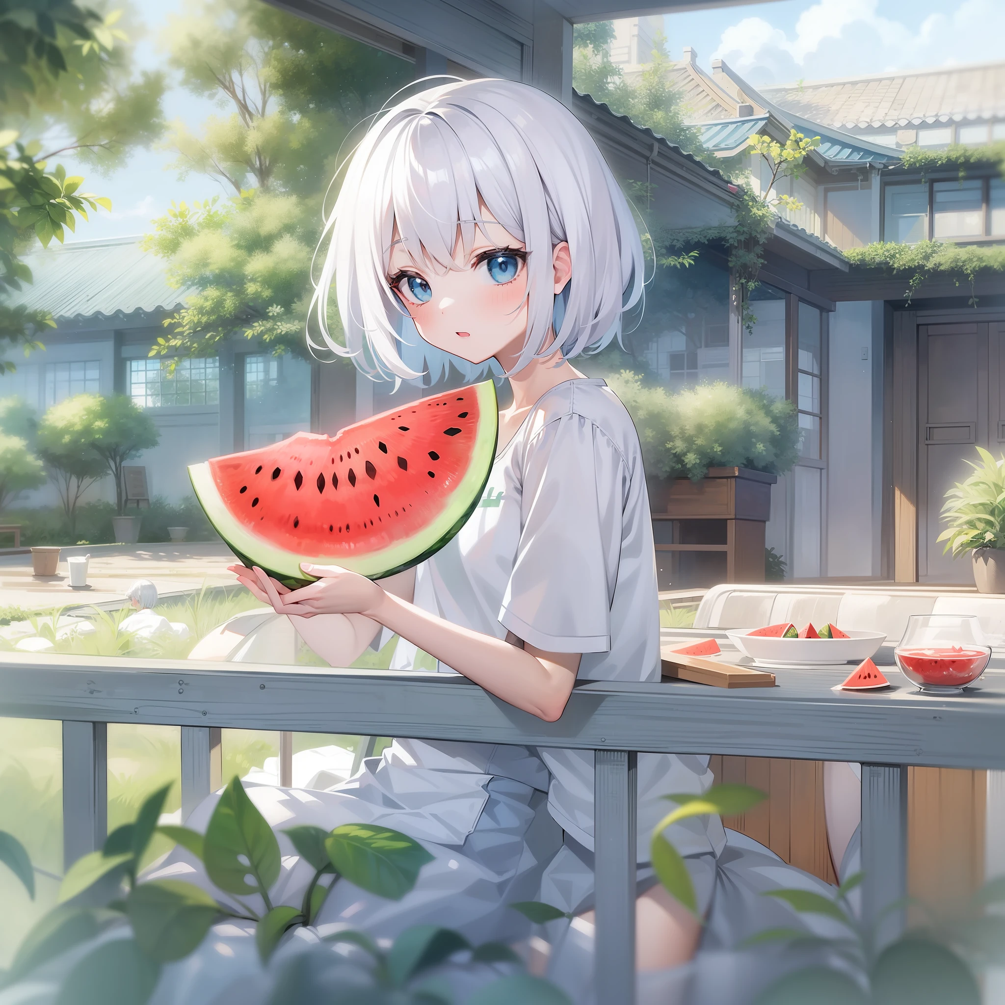 Girl in a dream。I have short silver hair。I'm wearing a white t-shirt。Eyes are light blue。I'm eating a cut watermelon。The place sits on the veranda。It is an illustration of the highest quality。It is a beautiful illustration。