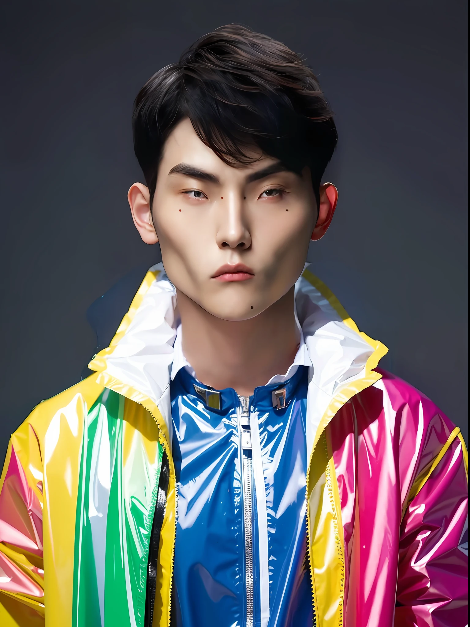 Chinese male high school student。Wearing a PVC colored raincoat，There are zippers