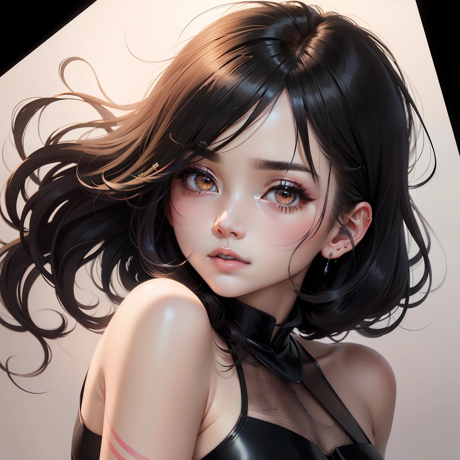 line-drawing,a woman of agnes cecile、Bright design、PastelColors、Ink dripping、autumn lights 、Bangs、quill、Beautuful Women、Eyebrows are visible、Beautuful Women、Beautie、long lashes、fine portrayal、Precise depiction。Line drawing。A Japanese Lady。Short black hair。The tattoo。piercings。bangle。Fluorescent pink hair stopper。Plain background。White background、animesque、charicature、heroine,abstract paintings、mode、Contemporary art