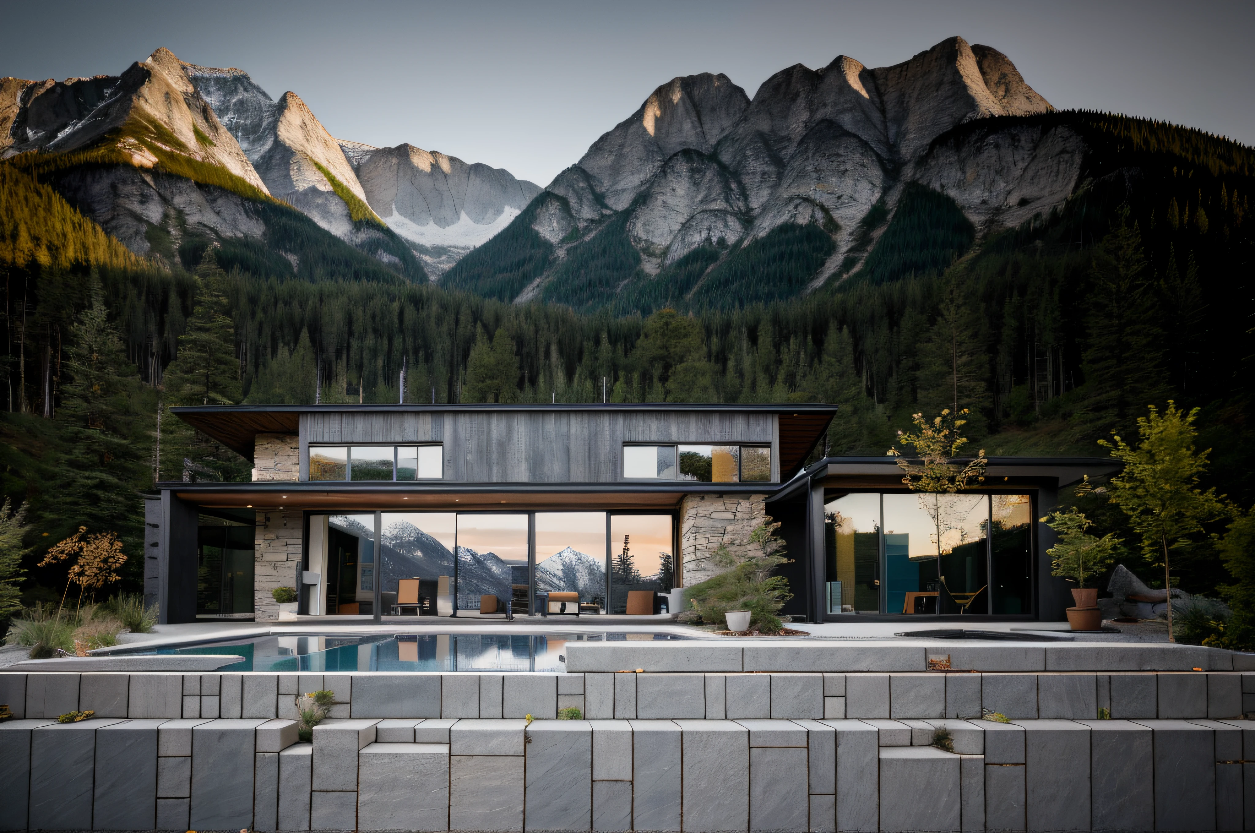modern house, Northern Europe, stone wall, with eaves, gravel yard, RAW photo, nature, epic futuristic, fade, warm, glow at sunset ,sunset lighting,  raw, hdr, (mountains:1.3), standing in the forest, natural skin, 8k uhd, high quality, film grain, Fujifilm XT3, cinematic, slate grey, dramatic light, architecture, shadow in front, 5pm,