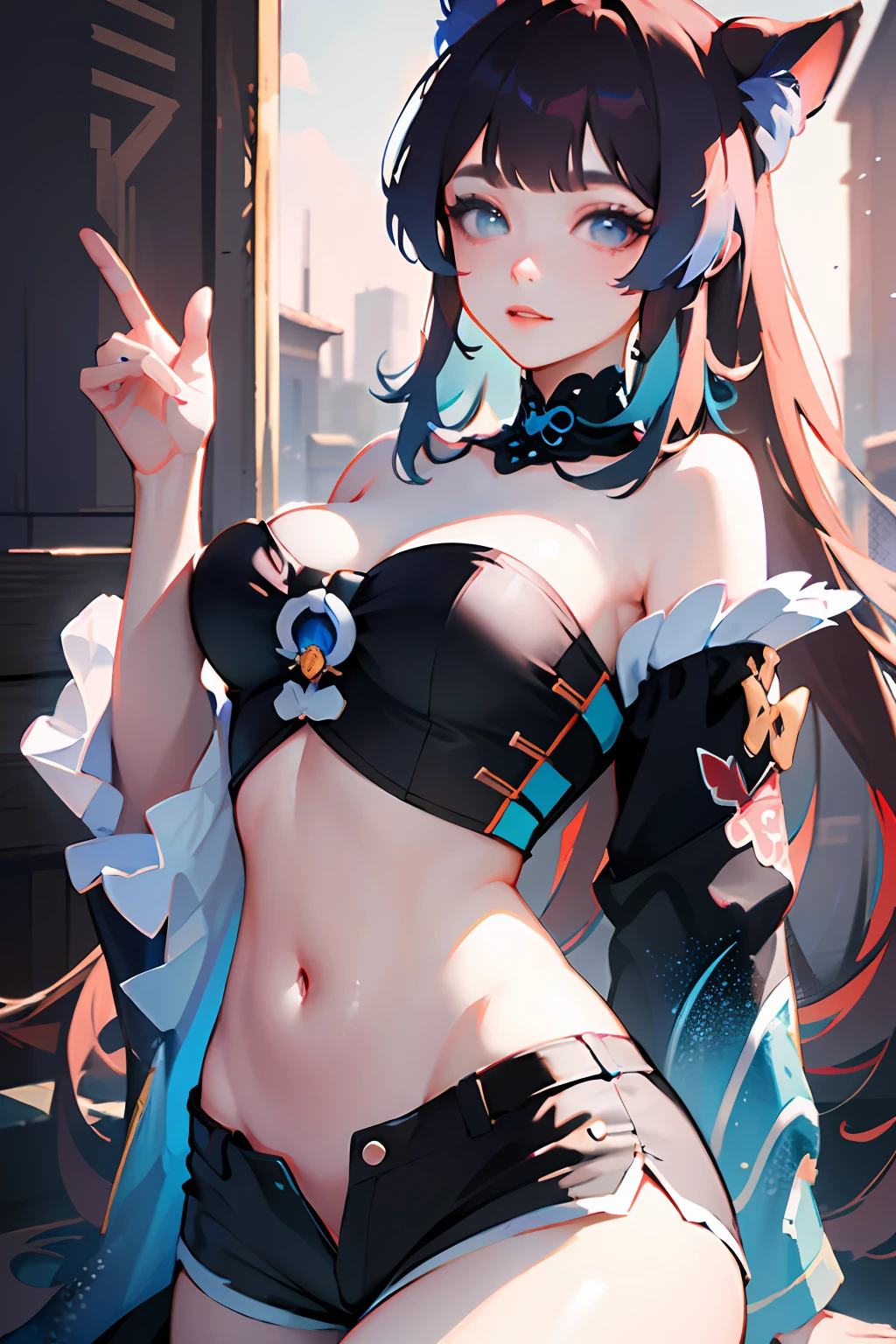 masterpiece, best quality, 1girl, aqua eyes, black hair, closed mouth, multicolored background, looking at viewer, outdoors, solo, upper body, alluring, clean, beautiful face, pure face, pale skin, sexy pose,((tube top, off shoulder, navel, shorts)), long hair, ((perfect female figure)), mature female, milf, narrow waist, chinese deity, seductive, highly detailed,best quality, masterpiece, highres, original, extremely detailed 8K wallpaper,masterpiece, best quality, illustration, beautifully detailed eyes, cinematic lighting,