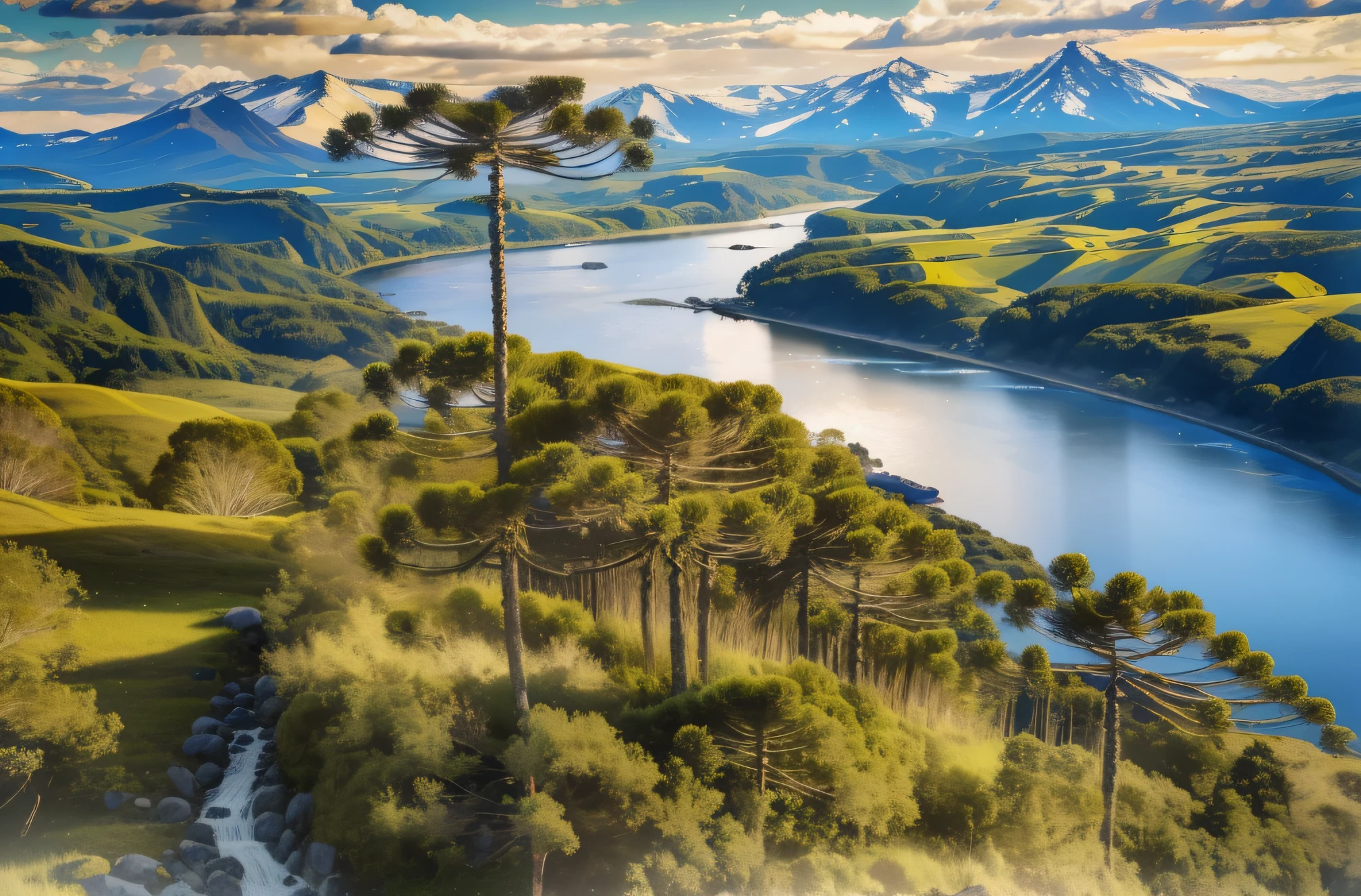 (best quality), masterpiece,illustration.,8k_raw,highres, (araucaria),mountain, landscape, cloud,  river,