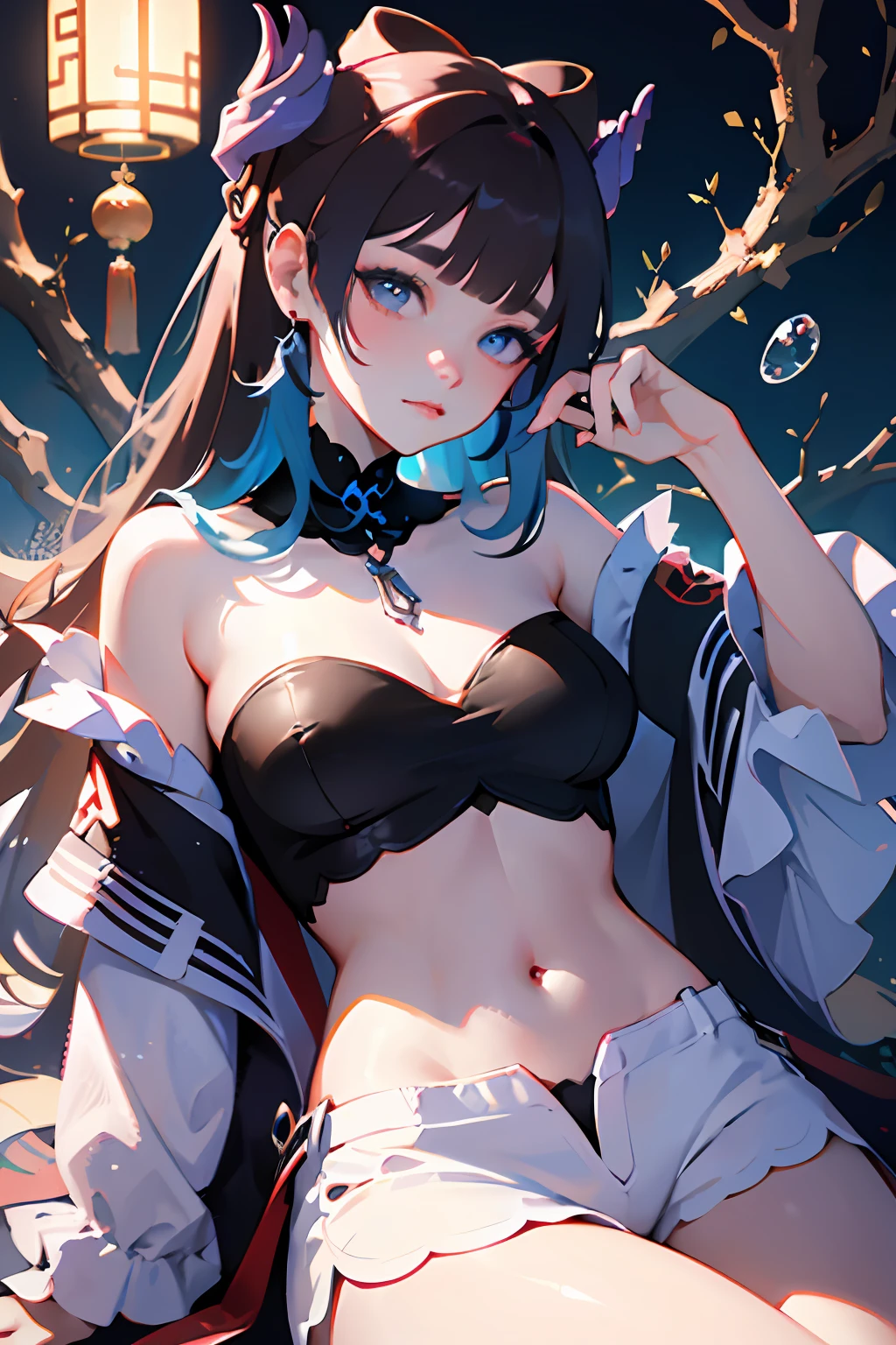 masterpiece, best quality, 1girl, aqua eyes, black hair, closed mouth, multicolored background, looking at viewer, outdoors, solo, upper body, alluring, clean, beautiful face, pure face, pale skin, sexy pose,((tube top, off shoulder, navel, shorts)), long hair, ((perfect female figure)), mature female, milf, narrow waist, chinese deity, seductive, highly detailed,best quality, masterpiece, highres, original, extremely detailed 8K wallpaper,masterpiece, best quality, illustration, beautifully detailed eyes, cinematic lighting,