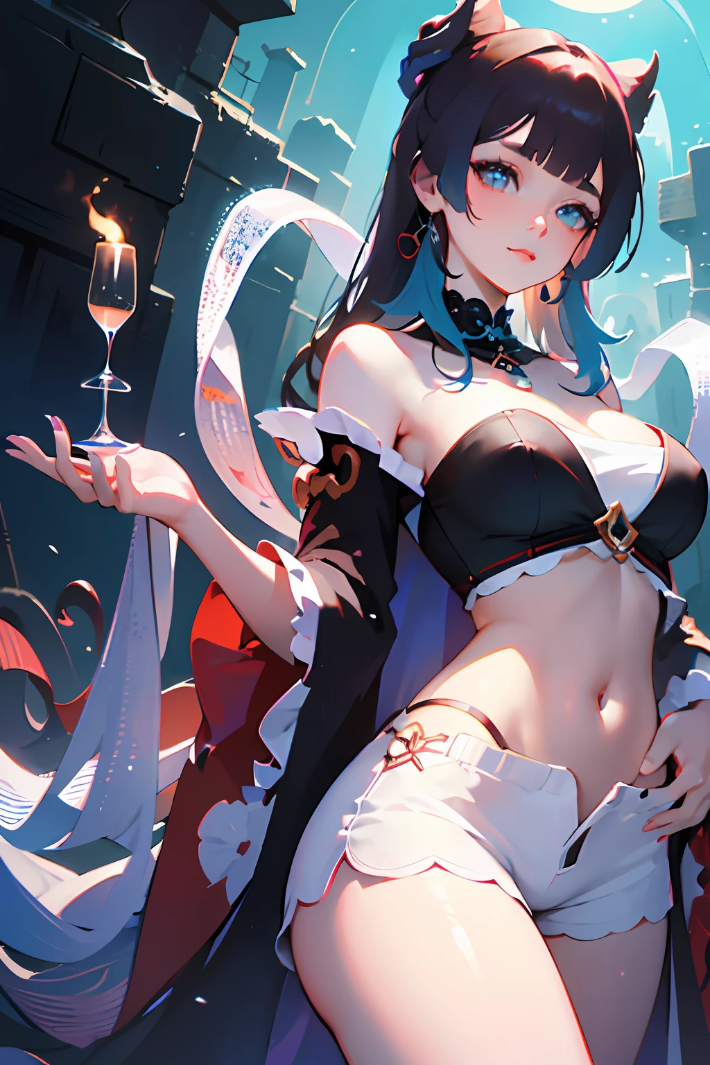 masterpiece, best quality, 1girl, aqua eyes, black hair, closed mouth, multicolored background, looking at viewer, outdoors, solo, upper body, alluring, clean, beautiful face, pure face, pale skin, sexy pose,((tube top, off shoulder, navel, shorts)), long hair, ((perfect female figure)), mature female, milf, narrow waist, chinese deity, seductive, highly detailed,best quality, masterpiece, highres, original, extremely detailed 8K wallpaper,masterpiece, best quality, illustration, beautifully detailed eyes, cinematic lighting,