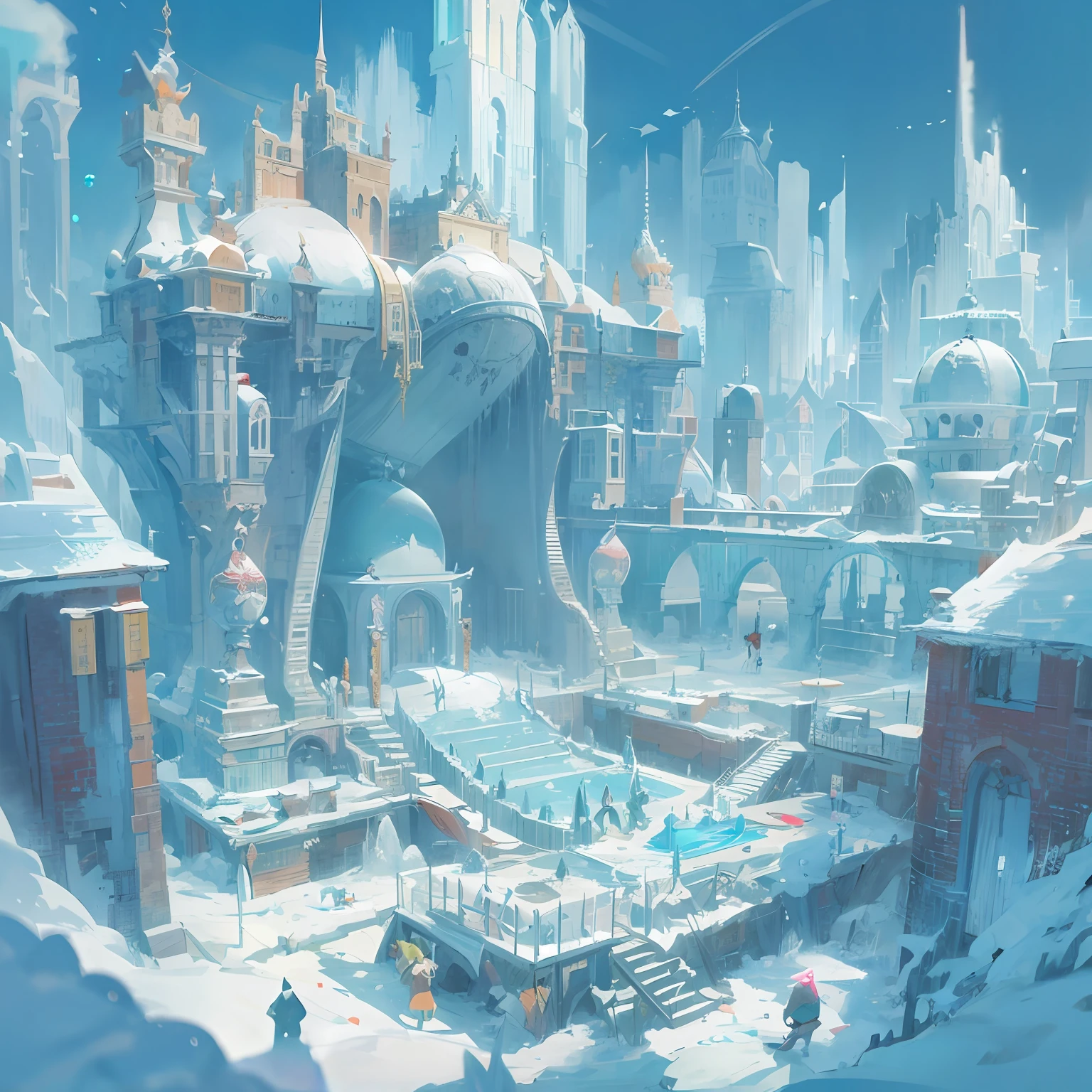 An old arena，The greatest warriors and mages of civilization used to show off their skills in epic battles，Frost-covered stands，Intricate ice formations，Ghibli Mobius style，Ice City before 2080，Möbius aesthetics，Morbius combined with Louise，Len Mack inspiration，Studio Ghibli performance，moebius artwork，studio ghibli smooth concept art，james gilleard artwork。 --auto