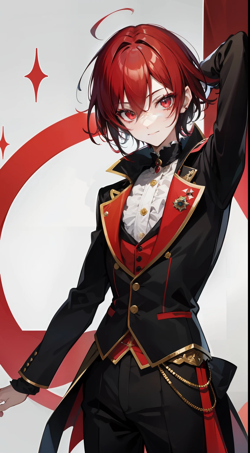 Young guy, short black or red hair, The eyes are red, The shape of the royal jester, ssmile, clown makeup, Masterpiece, hiquality