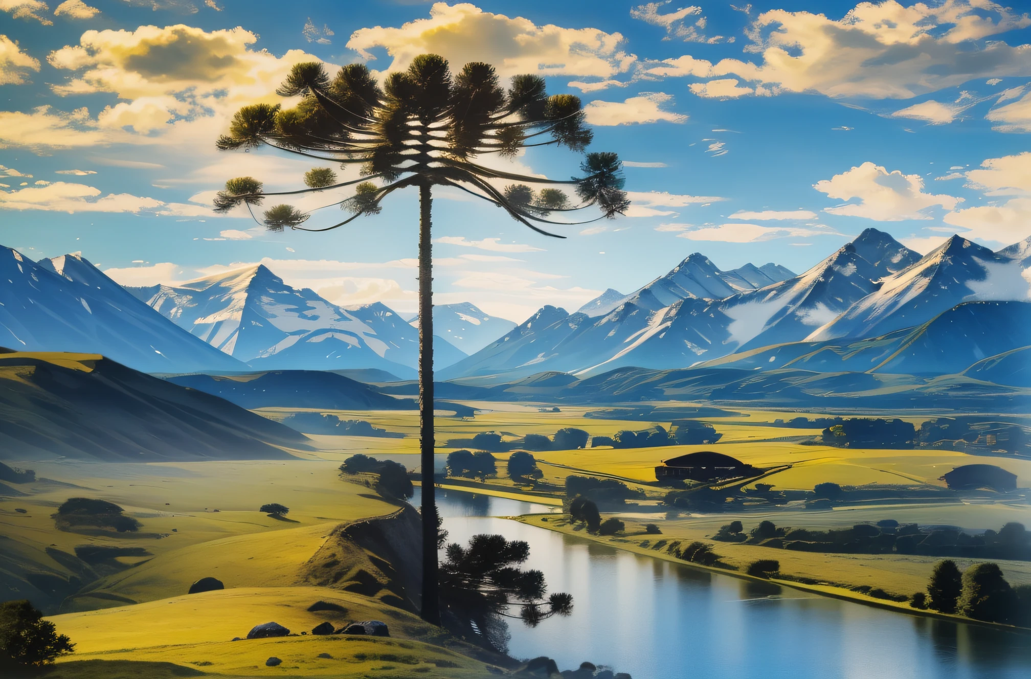 (best quality), masterpiece,illustration.,8k_raw,highres, (araucaria),mountain, landscape, cloud,  river,