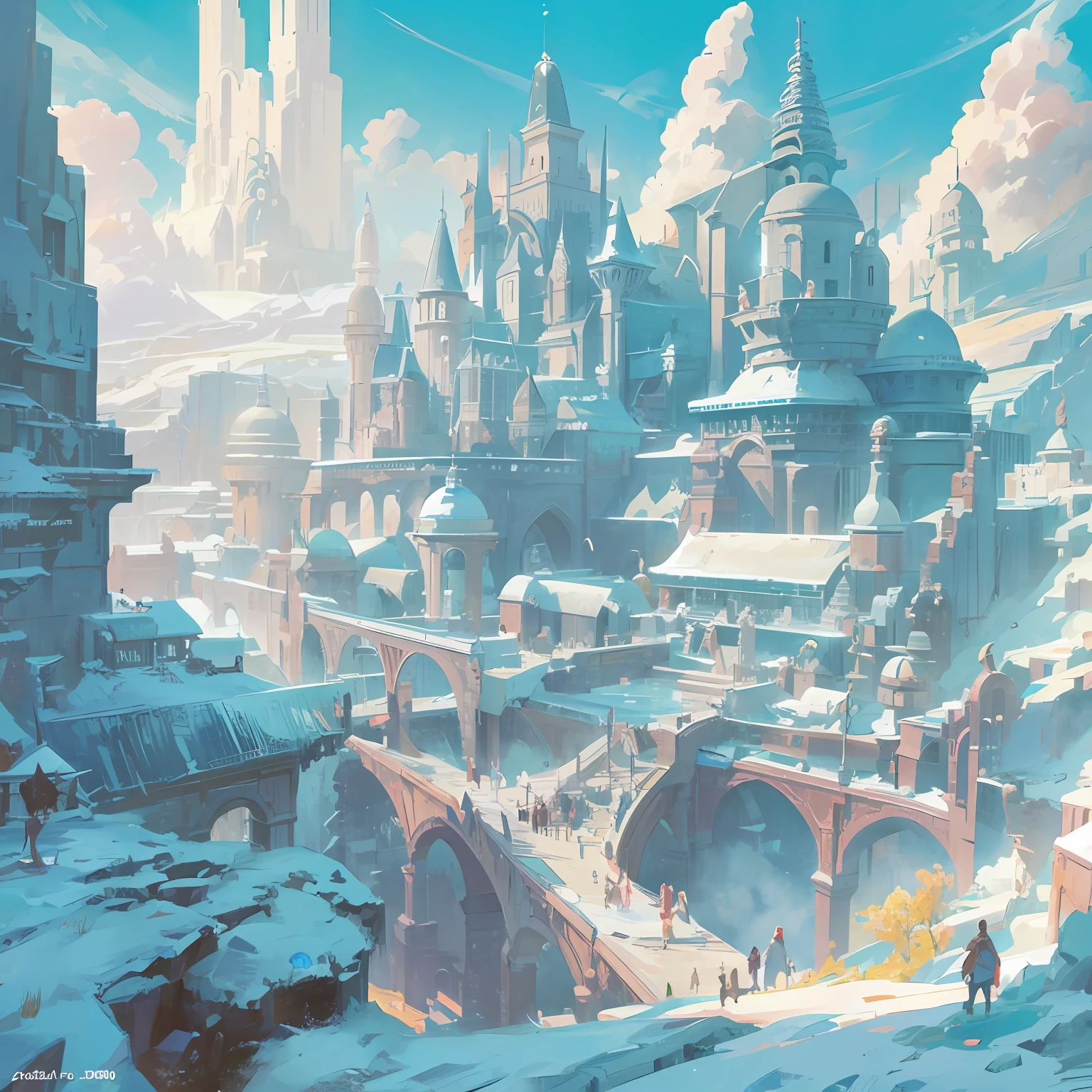 An old arena，The greatest warriors and mages of civilization used to show off their skills in epic battles，Frost-covered stands，Intricate ice formations，Ghibli Mobius style，Ice City before 2080，Möbius aesthetics，Morbius combined with Louise，Len Mack inspiration，Studio Ghibli performance，moebius artwork，studio ghibli smooth concept art，james gilleard artwork。 --auto