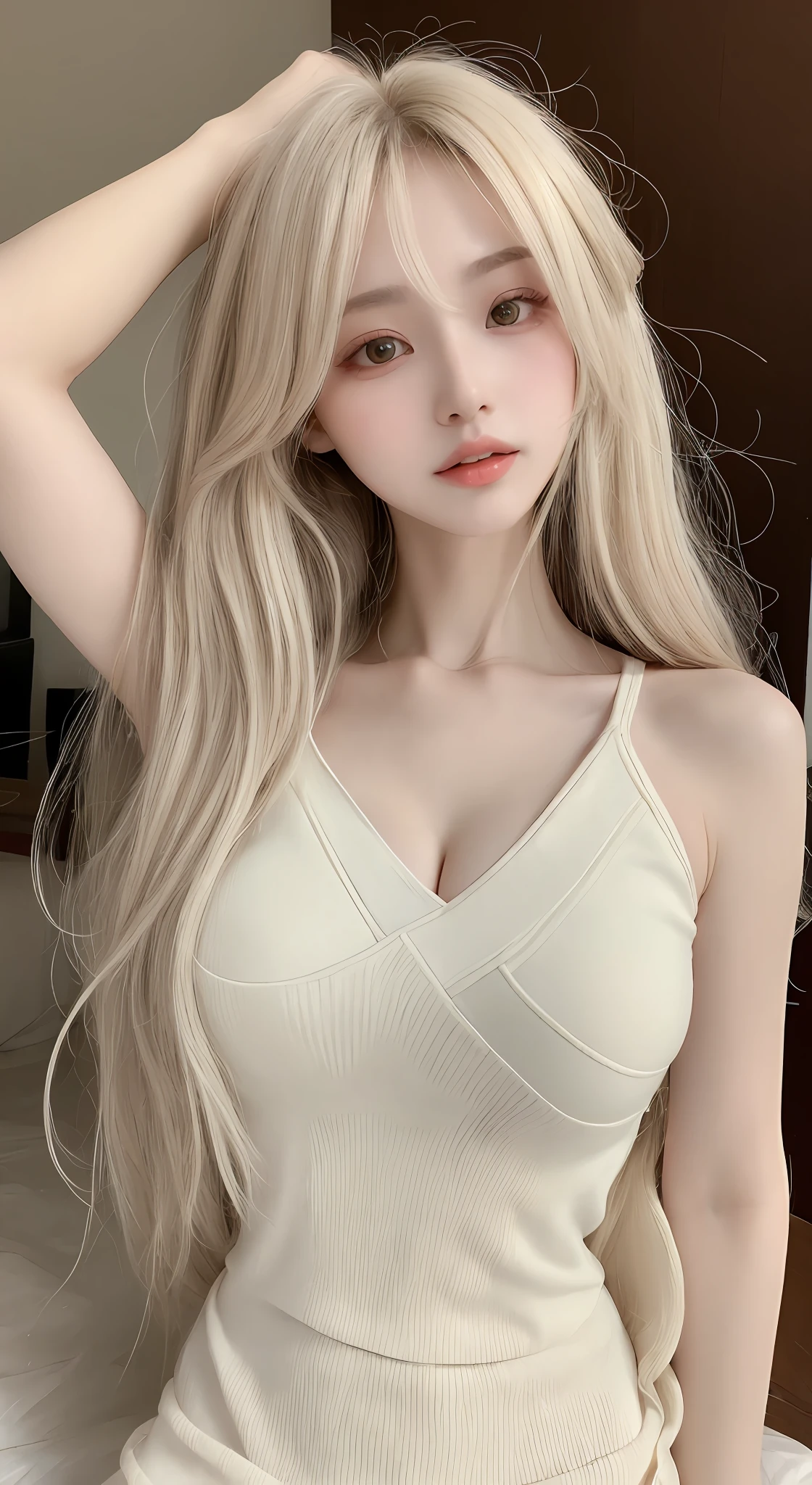 perfect figure beautiful woman：1.4，Layered Hair Style，Protruding cleavage：1.2，Two-dimensional clothing：1.5，Highly Detailed Face and Skin Textur，二重まぶた，Whiten the skin，long whitr hair