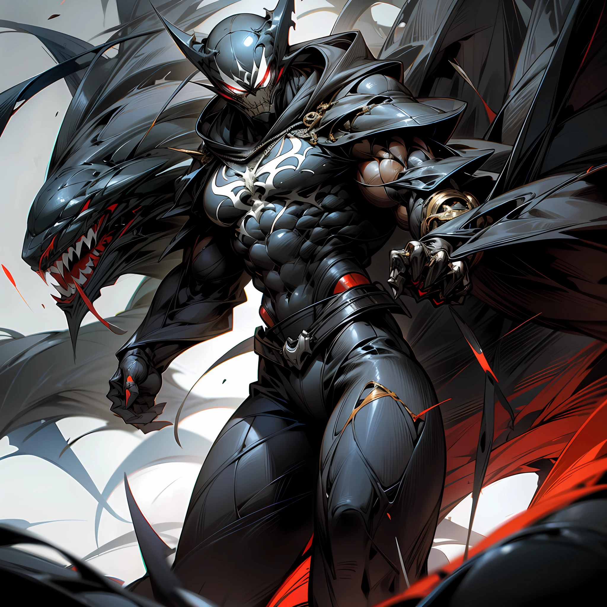 "Depiction of the awesome Venom Spider-Man symbiote fusing with a powerful and muscular cyborg, Show their charming and powerful presence."