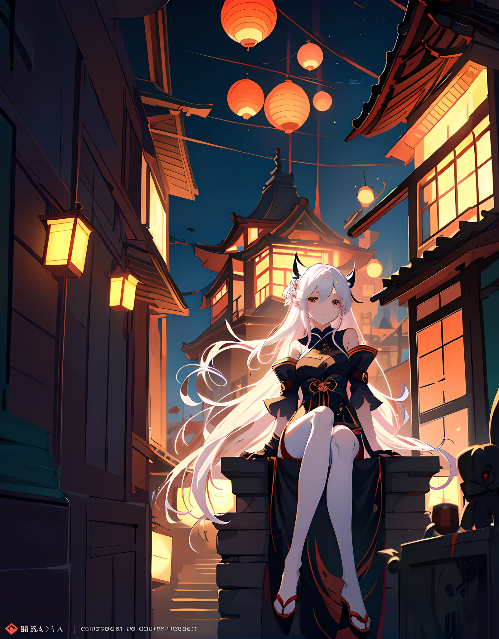 Anime girl sitting on rooftop,Has long white hair,One leg is bent in black silk,The other leg is straight bare,The background is a lantern, Artgerm and Atey Ghailan, by Yang J, atey ghailan 8 k, Kawasi, Keqing from Genshin Impact, Anime art wallpaper 8 K, Guviz-style artwork, Guweiz in Pixiv ArtStation, trending on artstation pixiv