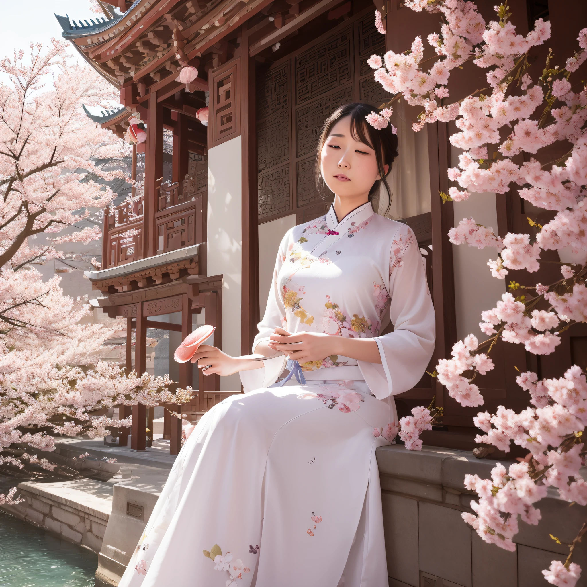 Cherry blossom petals flutter in the wind next to the ancient tower, and inside the terrace, A woman in Chinese clothing strokes a pipa (take up close)