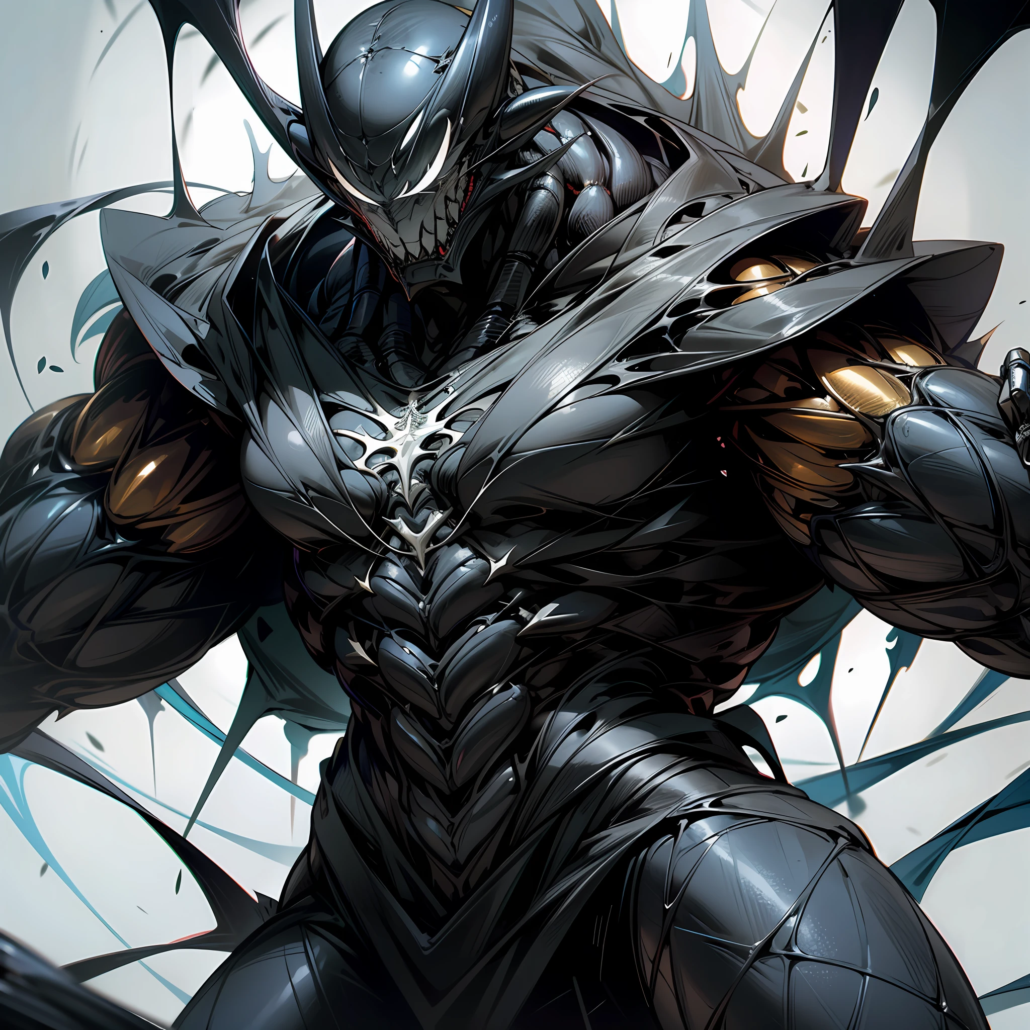 "Depiction of the awesome Venom Spider-Man symbiote fusing with a powerful and muscular cyborg, Show their charming and powerful presence."