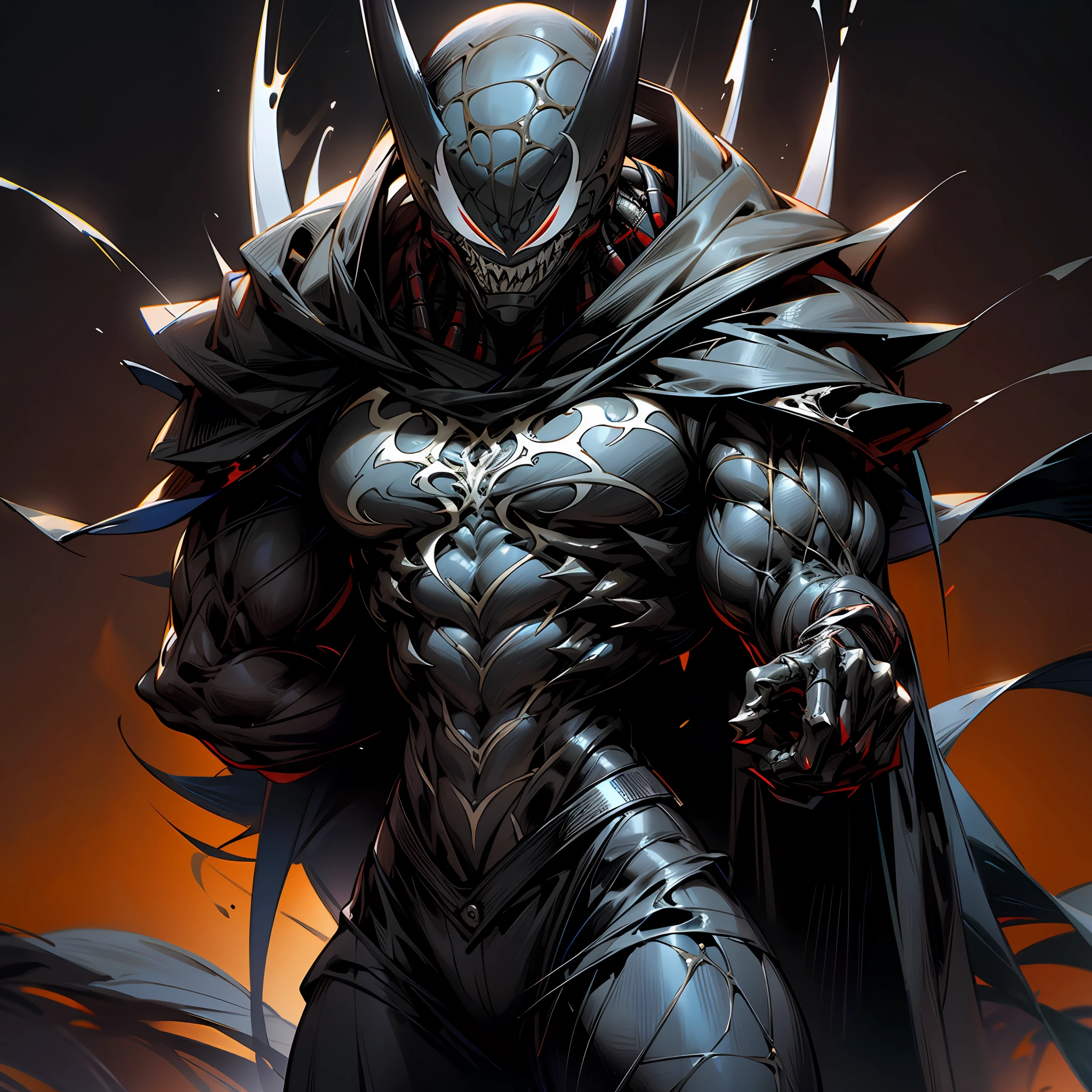 "Depiction of the awesome Venom Spider-Man symbiote fusing with a powerful and muscular cyborg, Show their charming and powerful presence."