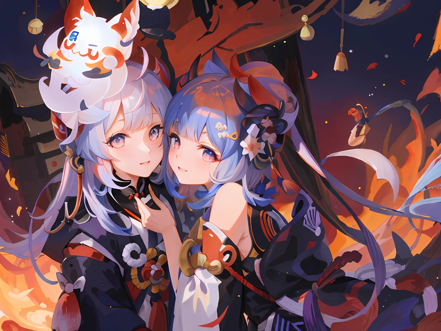 Anime characters standing in front of a fire,There is a cat on it, Onmyoji detailed art, Genshin, onmyoji, trending on artstation pixiv, Guweiz in Pixiv ArtStation, style of anime4 K, onmyoji portrait, WLOP and Sakimichan, Guweiz on ArtStation Pixiv