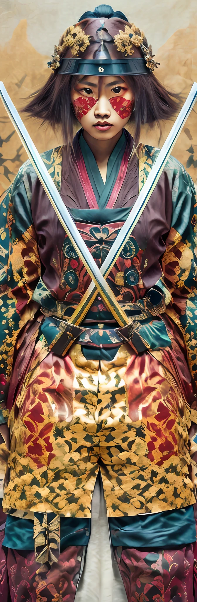 samurai portrait，Traditional katana，The majesty and power of ancient Japanese samurai，samurai armor，ornate garment，Samurai personality，The spirit of the samurai duel，African cultural elements，Inspiration by Sarakokano and Kameda Hosai。