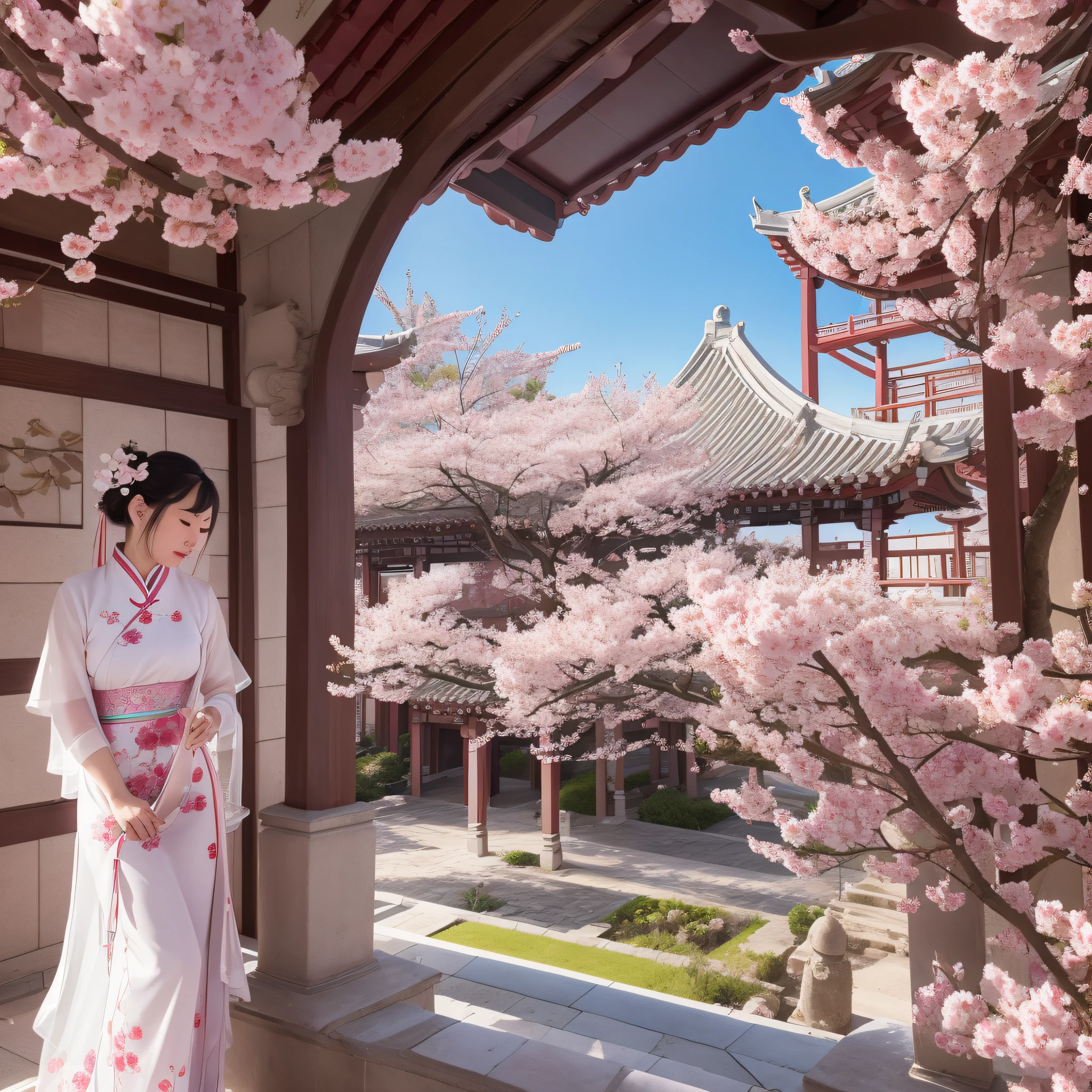 Cherry blossom petals flutter in the wind next to the ancient tower, and inside the terrace, A woman in Chinese clothing strokes a pipa (take up close)