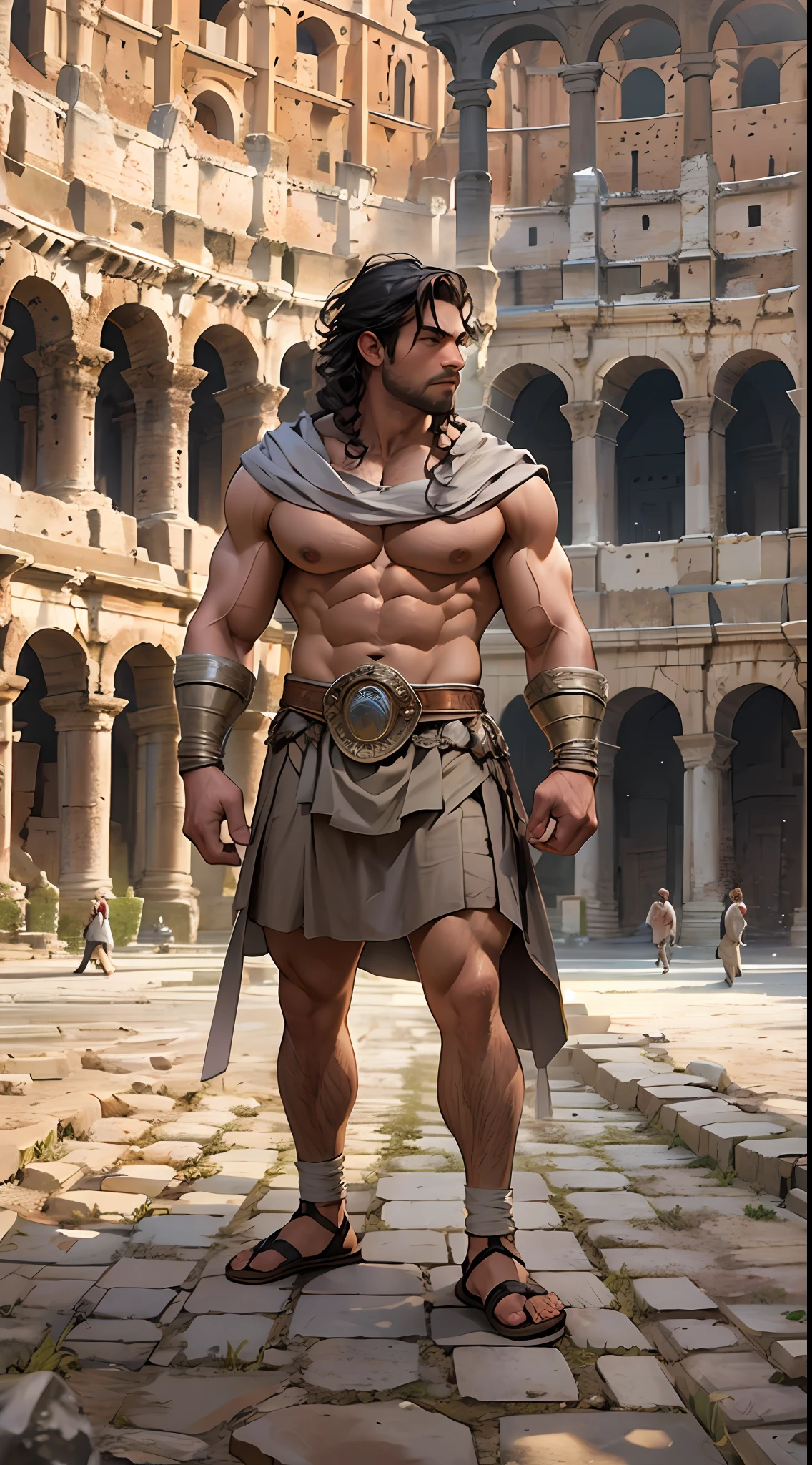 Herculean gladiator, bare chest, lower body revealed from thighs to feet, long curls cascading, meticulous muscle definition, photorealistic portrayal, 4K quality. Background: Colosseum in ancient Rome,32k uhd, best quality, masterpiece, super detail, high details