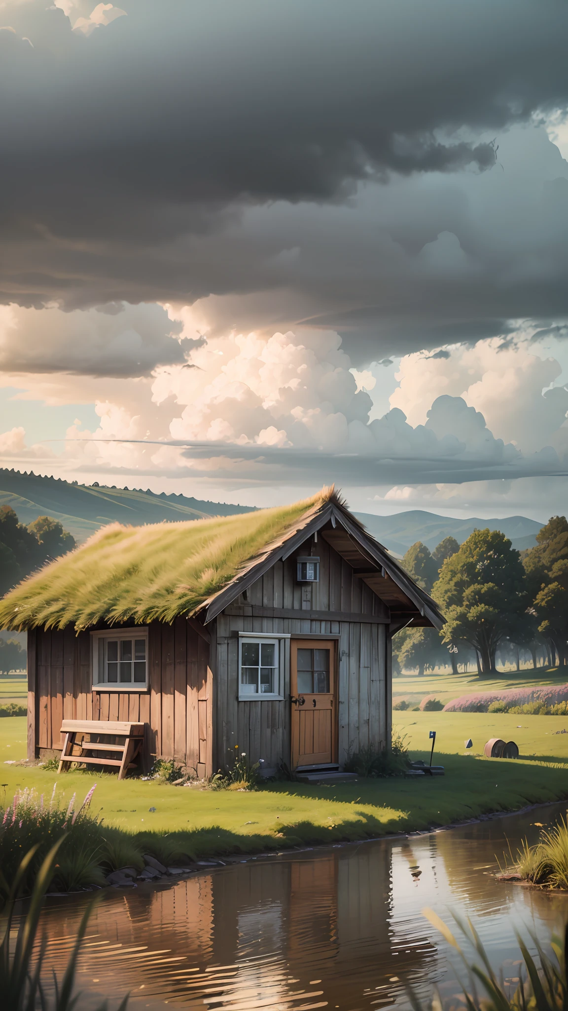 For phone wallpaper,a tiny hut by the stream is existing on the windy grassland under the overcast sky,solf pastel colours,wide shot,full shot,healing aesthetic,natural lighting,cosy atmosphere,nostalgic lighting,cinematic still,highly resolution,highly quality,detailed colours,delicated features,accurate art,UHD,HDR,sharpness,crisp quality,detailed colours,ultra details,hyper realism,(artwork by Hayao Miyazaki), --auto --s2
