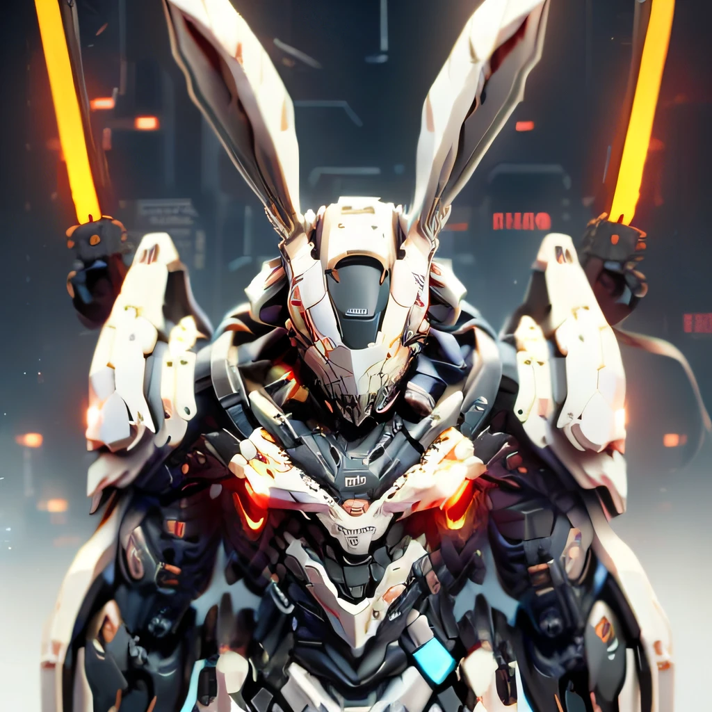 Rabbit-type mech,glowing light eyes,Only the head,Lots of details,Best quality at best,hight contrast,helmet,sci-fi themed,Fashionab,EVA,iintricate,Rigid metal,Clear focus,Bright lights,Only the front face,Head focus