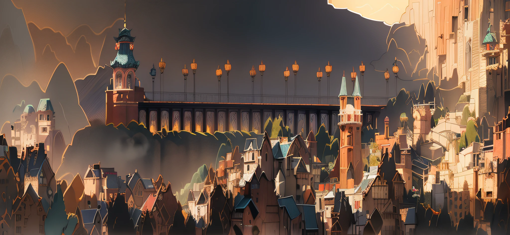 Drawing of city with clock tower and bridge, anime city line art, prosperous magical town, coloring - in the piece, town background, high bridge with city on top, traditional Chinese tower structure, Chinese story folklore, all buildings on the bridge, coloring page, town in the background, beautiful backlighting, evening ambiance, perfect Asian architecture, excellent architectural features, elegant and beautiful.