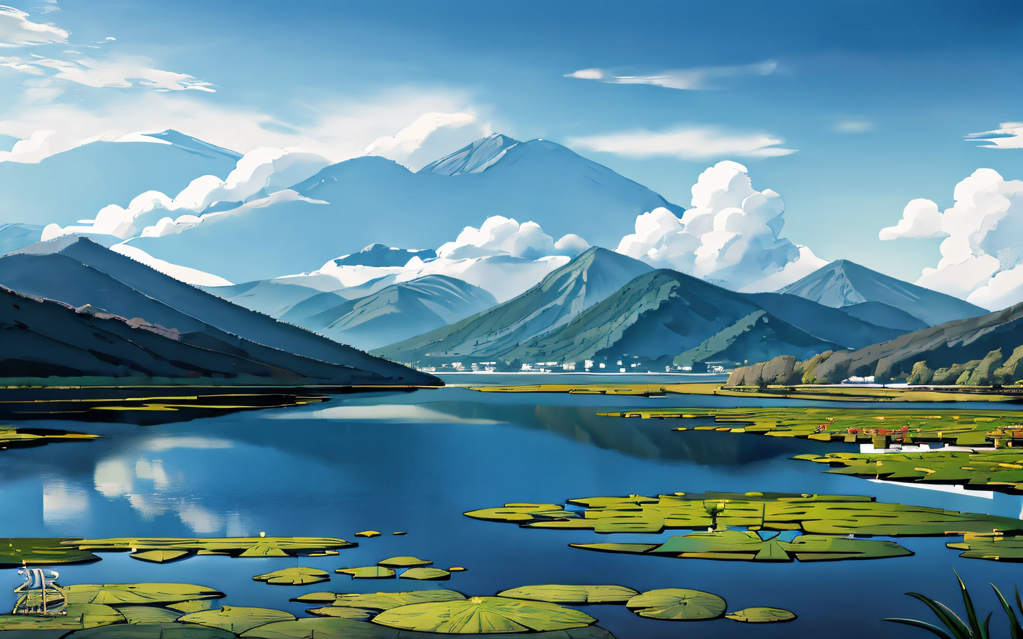 Lake painting with water lilies and mountains as background, anime beautiful peace scene, beautiful anime scenery, anime landscape wallpapers, ross tran. scenery background, Anime landscape, beautiful lake background, Detailed scenery —width 672, beautiful anime scenes, Anime Nature, beautiful digital painting, peaceful landscape, anime nature wallpap, Beautiful art UHD 4 K