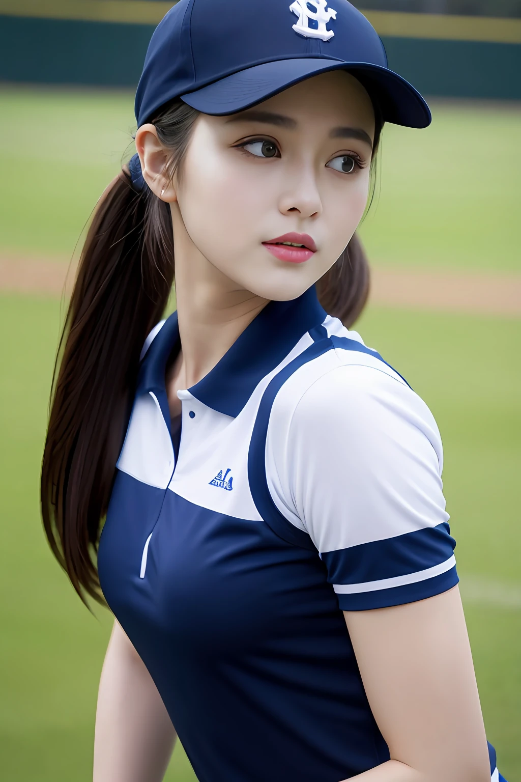 1Man girl、top-quality、masterpiece、超A high resolution、(Photorealsitic:1.4)、There is a manager woman wearing a baseball cap、wearing a dark blue polo shirt、poneyTail、baseball field