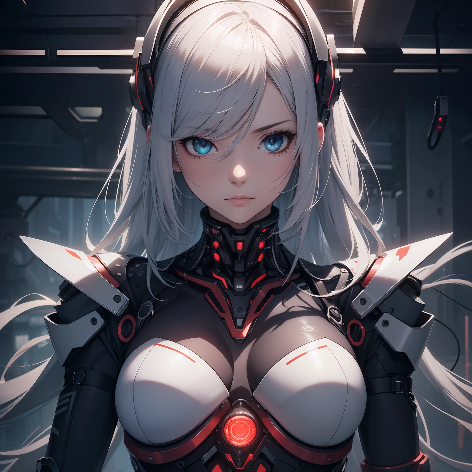 1 Mechanical Girl、((super realistic details))、portlate、globalillumination、Shadow、octan render、8K、ultrasharp、metals、Details of complex ornaments、cold color、highly intricate detail、Realistic light、CGSoation Trends、radiant eyes、Facing the camera、neon details、Mechanical limbs、blood vessels connected to tubes、Mechanical vertebrae attached to the back、mechanical cervical attaching to neck、full bodyesbian、Wires and cables connecting to the head