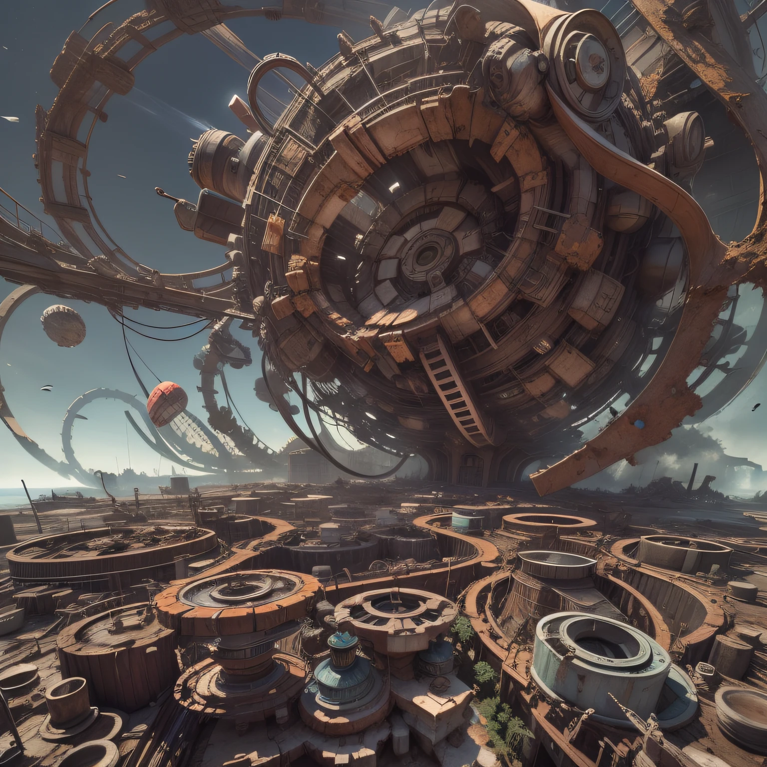 4kHD, hyper detailed, morphing material floating in the air, scattered clusters of machine debris, extra detail, massive rings of glimmering rusted machinery and twisting metal rods