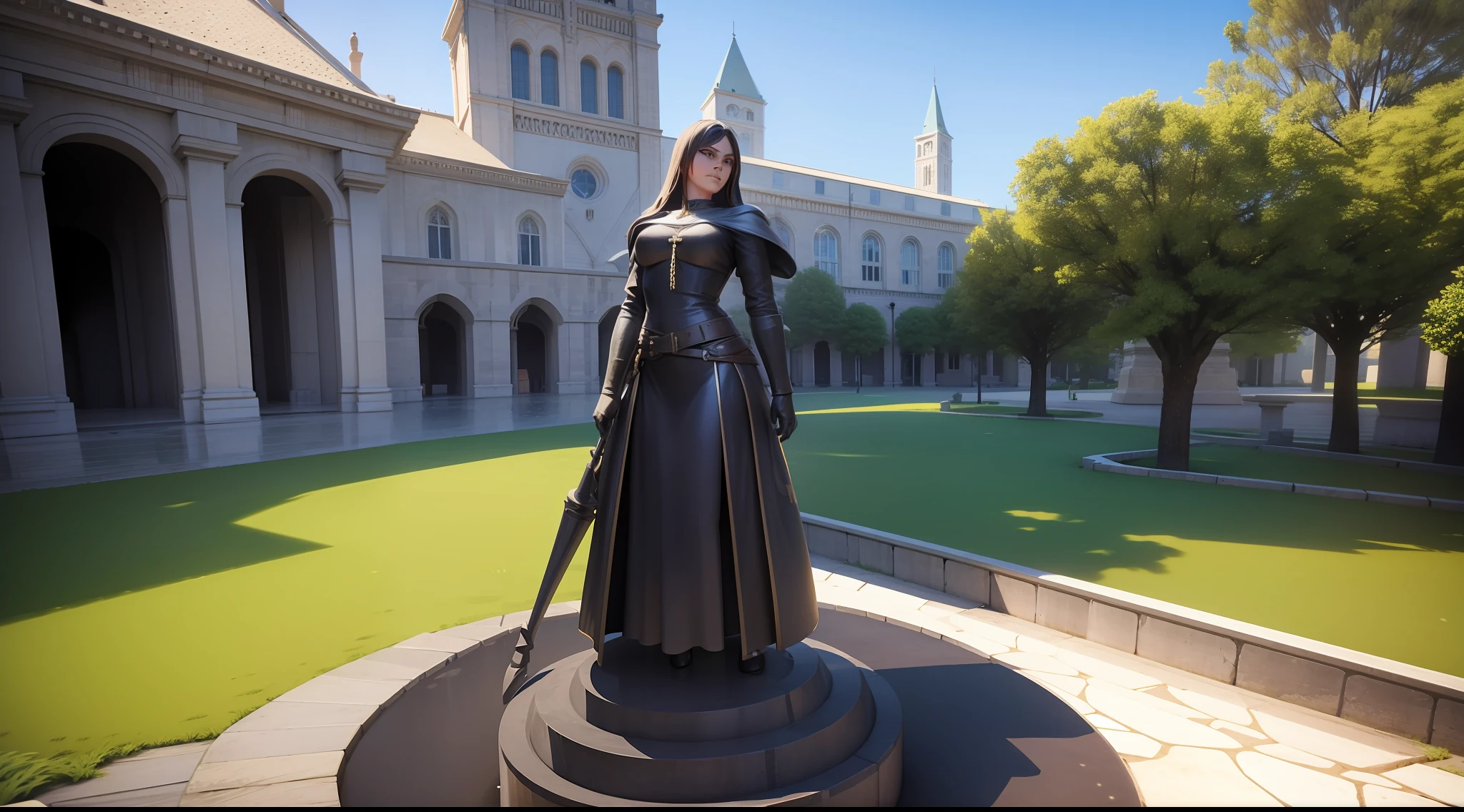 medieval square , Statue of a girl in the center , Interditada , 3D, Game 3d, Anime 3D, Background, 8k, super detail