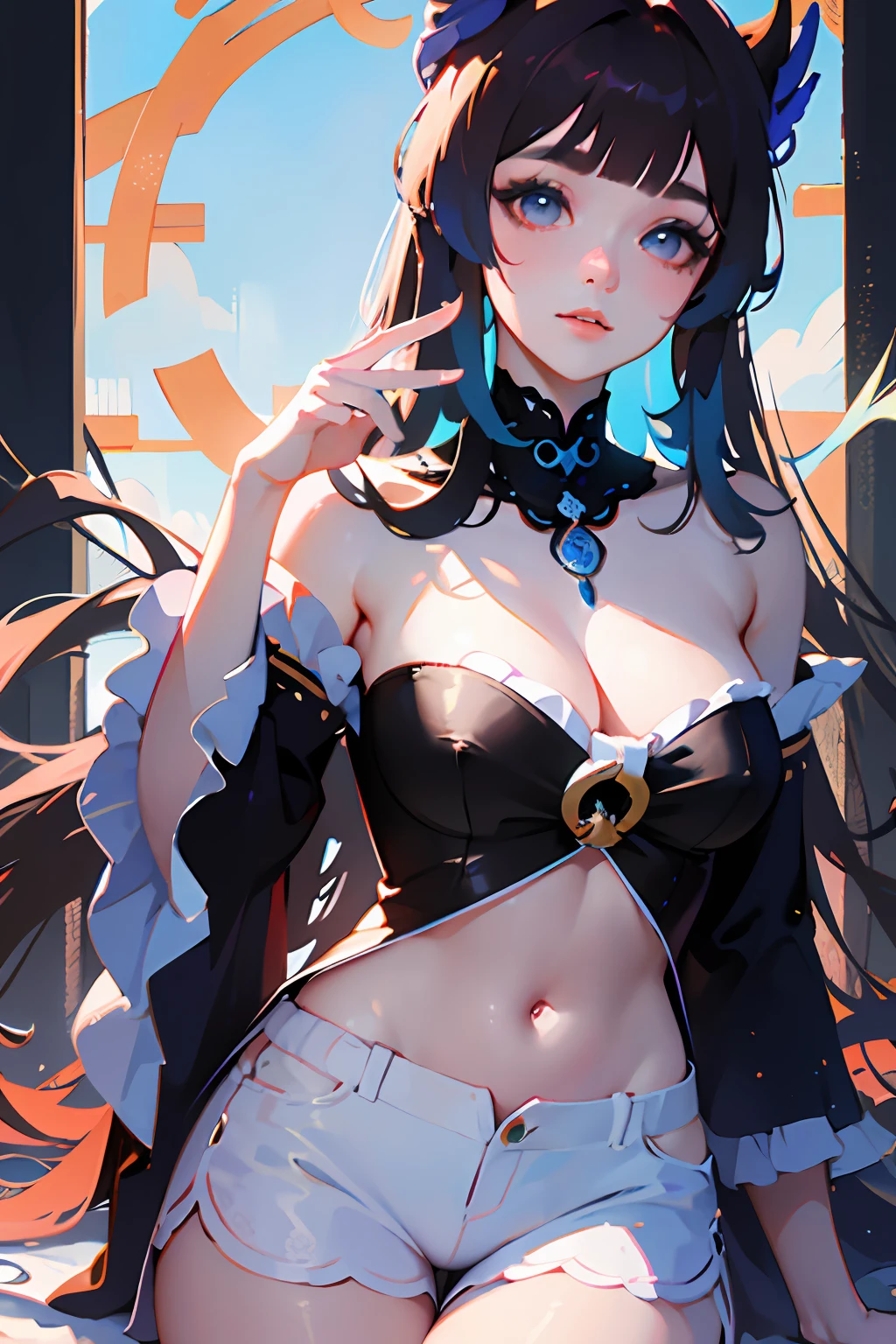 masterpiece, best quality, 1girl, aqua eyes, black hair, closed mouth, multicolored background, looking at viewer, outdoors, solo, upper body, alluring, clean, beautiful face, pure face, pale skin, sexy pose,((tube top, off shoulder, navel, shorts)), long hair, ((perfect female figure)), mature female, milf, narrow waist, chinese deity, seductive, highly detailed,best quality, masterpiece, highres, original, extremely detailed 8K wallpaper,masterpiece, best quality, illustration, beautifully detailed eyes, cinematic lighting,