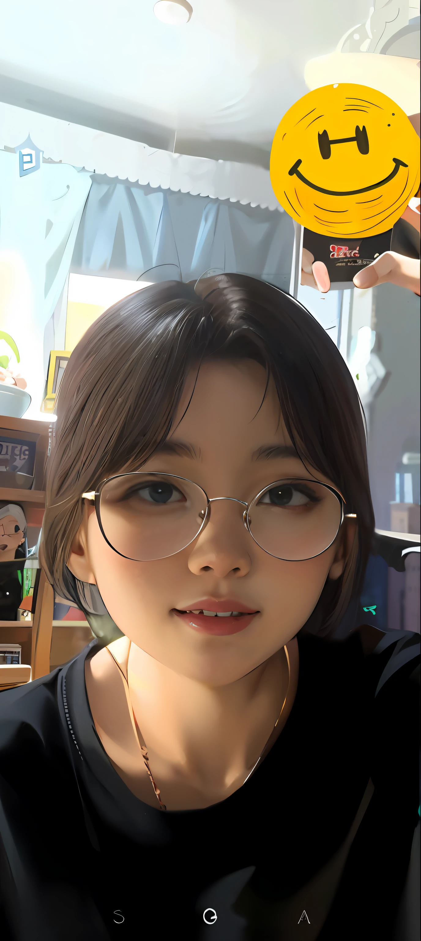 There was a woman with glasses，With a smile on his face, wearing small round glasses, 8k selfie photograph, With glasses, wearing thin large round glasses, face with artgram, a girl with round glasses, with round face, Student, wears glasses, Ruan Jia and Fenghua Zhong, wenfei ye