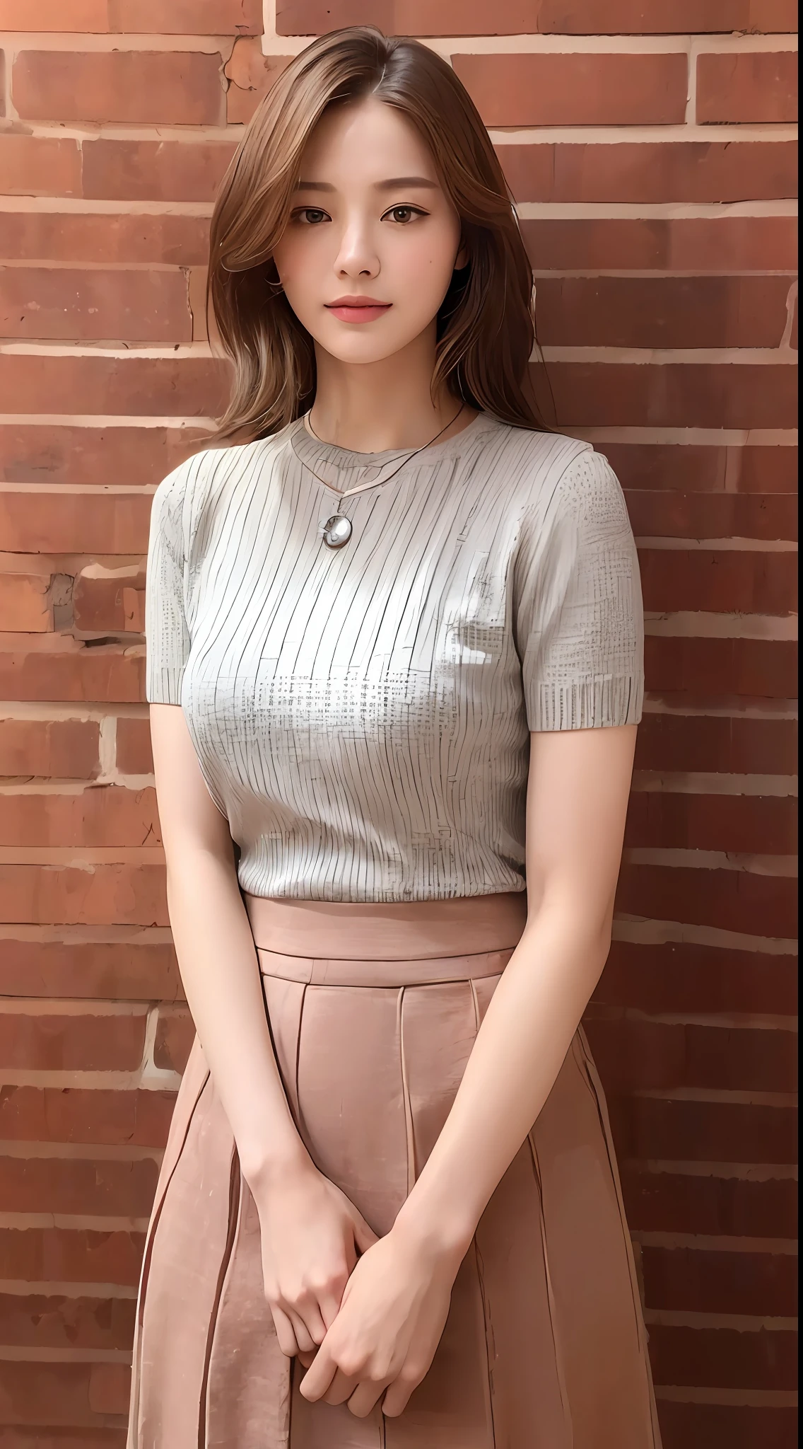 ((Brick Wall、Realistic light、top-quality、8K、masterpiece:1.3))、1girl in、A slight smil、Slim Beauty:1.4、brown haired、Grey knitted shirt、Red bean-colored long skirt、Super fine face、Thin Silver Necklace、A detailed eye、二重まぶた、zoomout