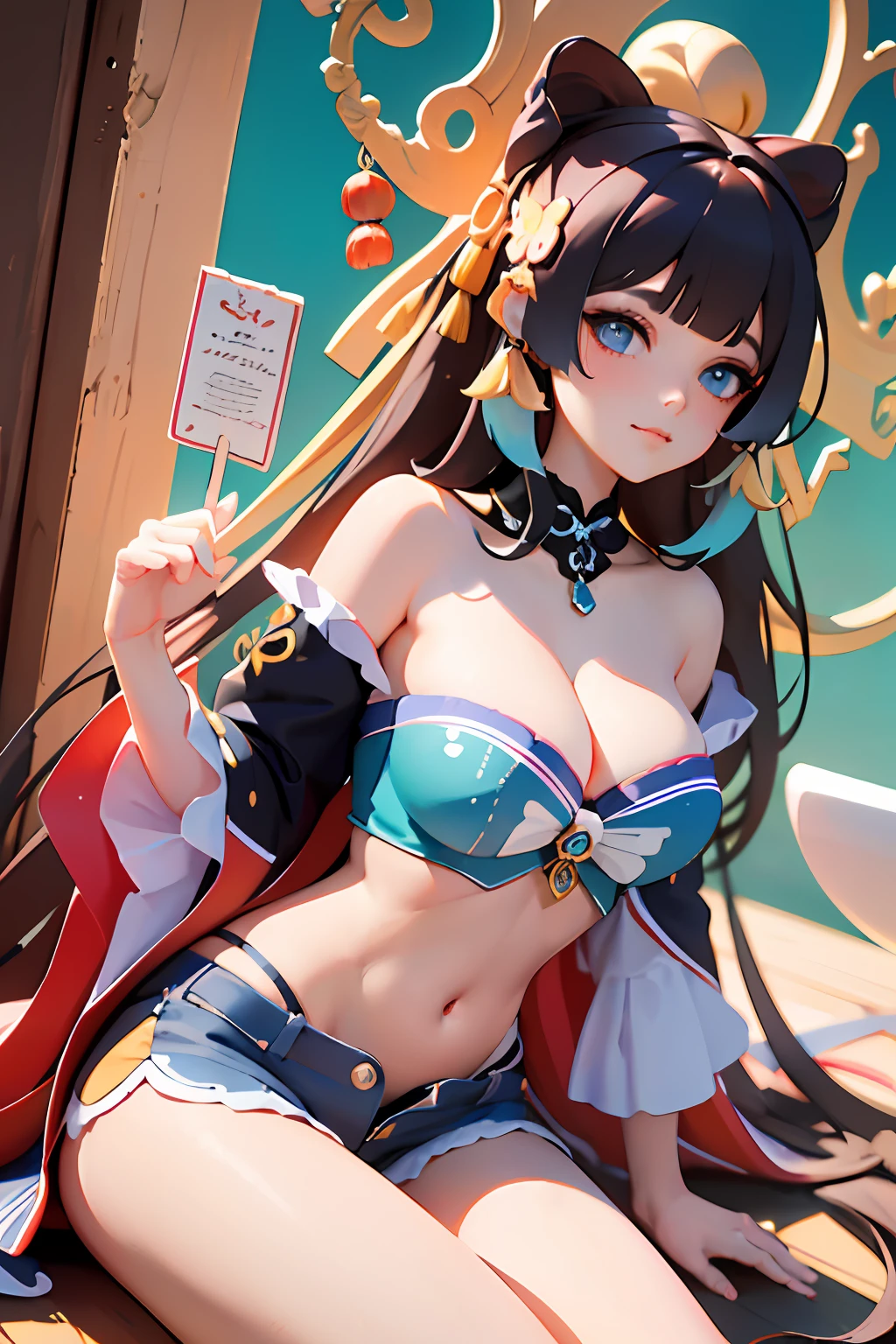 masterpiece, best quality, 1girl, aqua eyes, black hair, closed mouth, multicolored background, looking at viewer, outdoors, solo, upper body, alluring, clean, beautiful face, pure face, pale skin, sexy pose,((tube top, off shoulder, navel, shorts)), long hair, ((perfect female figure)), mature female, milf, narrow waist, chinese deity, seductive, highly detailed,best quality, masterpiece, highres, original, extremely detailed 8K wallpaper,masterpiece, best quality, illustration, beautifully detailed eyes, cinematic lighting,