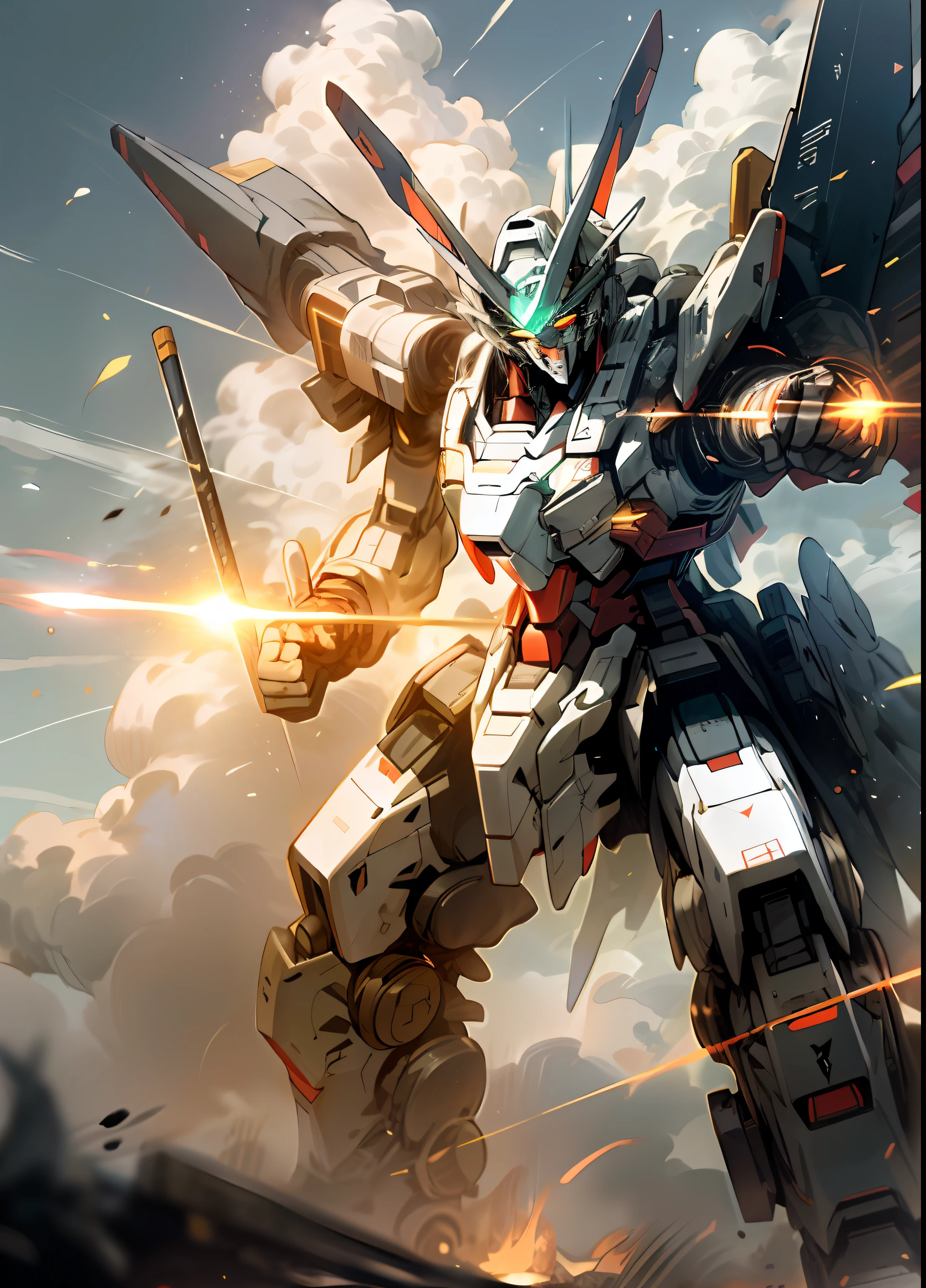 Skysky，​​clouds，Hold a weapon，No_Humanity，with light glowing，，droid，buliding，Glowing_Eyes，Mecha，scientific fiction，城市，Realistis，Mecha，High-burning battle scenes，gundam style，An epic masterpiece，realisticlying，in a panoramic view
