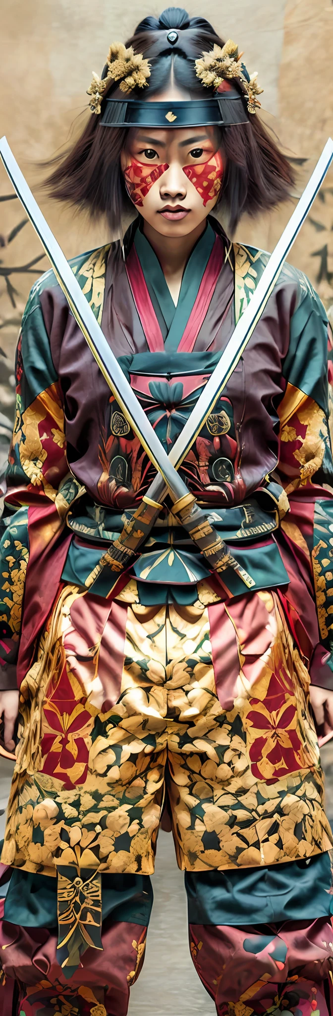 samurai portrait，Traditional katana，The majesty and power of ancient Japanese samurai，Samurai armor，ornate garment，Samurai personality，The spirit of the samurai duel，African cultural elements，Inspired by Sarakokano and Kameda Hosai。