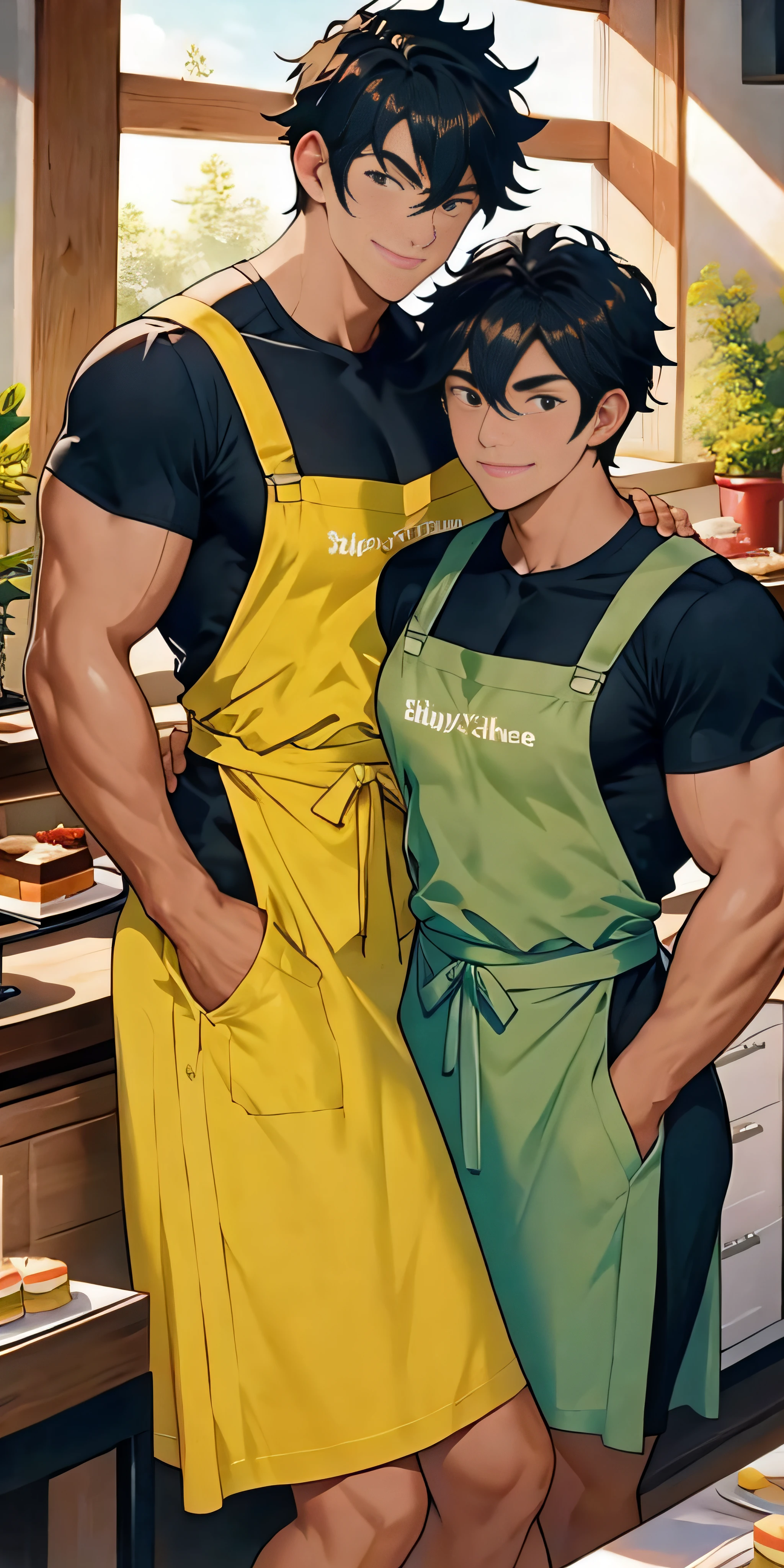 2 Muscle man,Sit together,looking to the camera,kitchens,rays of sunshine,Make cakes together,aprons,