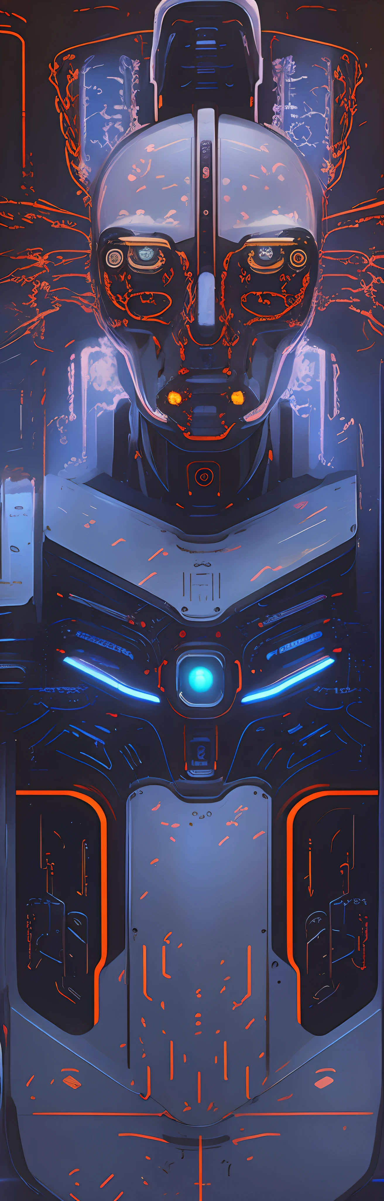 Red light fell on the mech portrait,A stage to showcase futurism。Science fiction art illustrations present a symmetrical beauty,Depicts the mysterious image of cyborgs。Detailed digital concept art creation,Showcasing the unique works of Ludvik Konaževsky Jr。