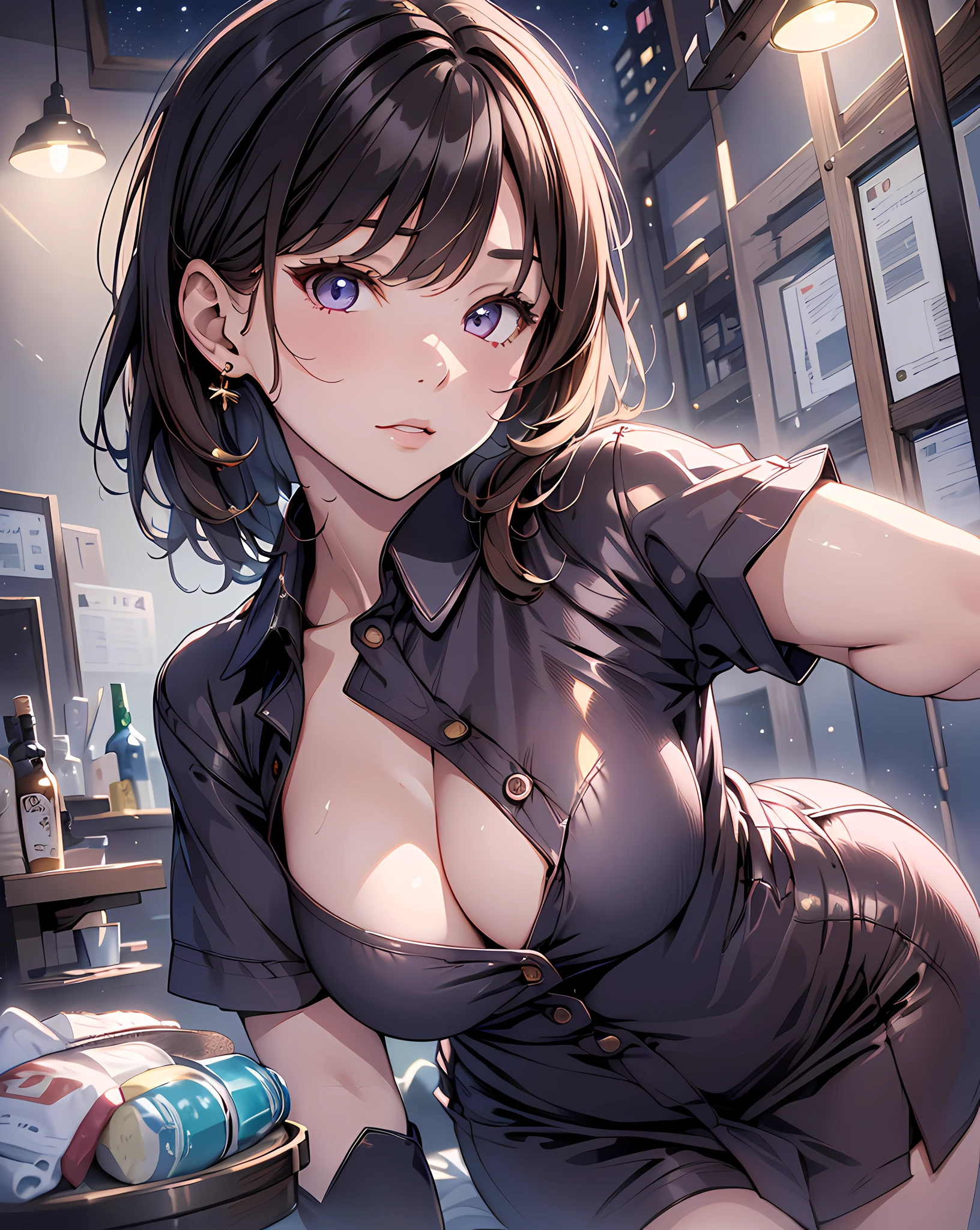 (masterpiece, best quality:1.37), highres, ultra-detailed, ultra-sharp, BREAK, (From Below:1.2), 1girl, girl on top, (leaning forward:1.3),
BREAK
Korean office queen, (((1girl:1.37, solo))), (beautiful anime face, cute face, detailed face), (brown hair, thin hair, short hair, bangs, hime-cut), detailed beautiful cyan eyes, 
BREAK
short sleeve, (purple shirt dress), (esthetician uniforms:1.3), (cleavage cutout), (open shirt),  (oil skin), (shiny skin), 
BREAK
(Private esthetic room, in beauty salon, on bed:1.1), 
(Many bottles of aroma oil:1.0), 
(many brown towels:1.2), 
BREAK
dark room, indirect lighting, (night:1.3),