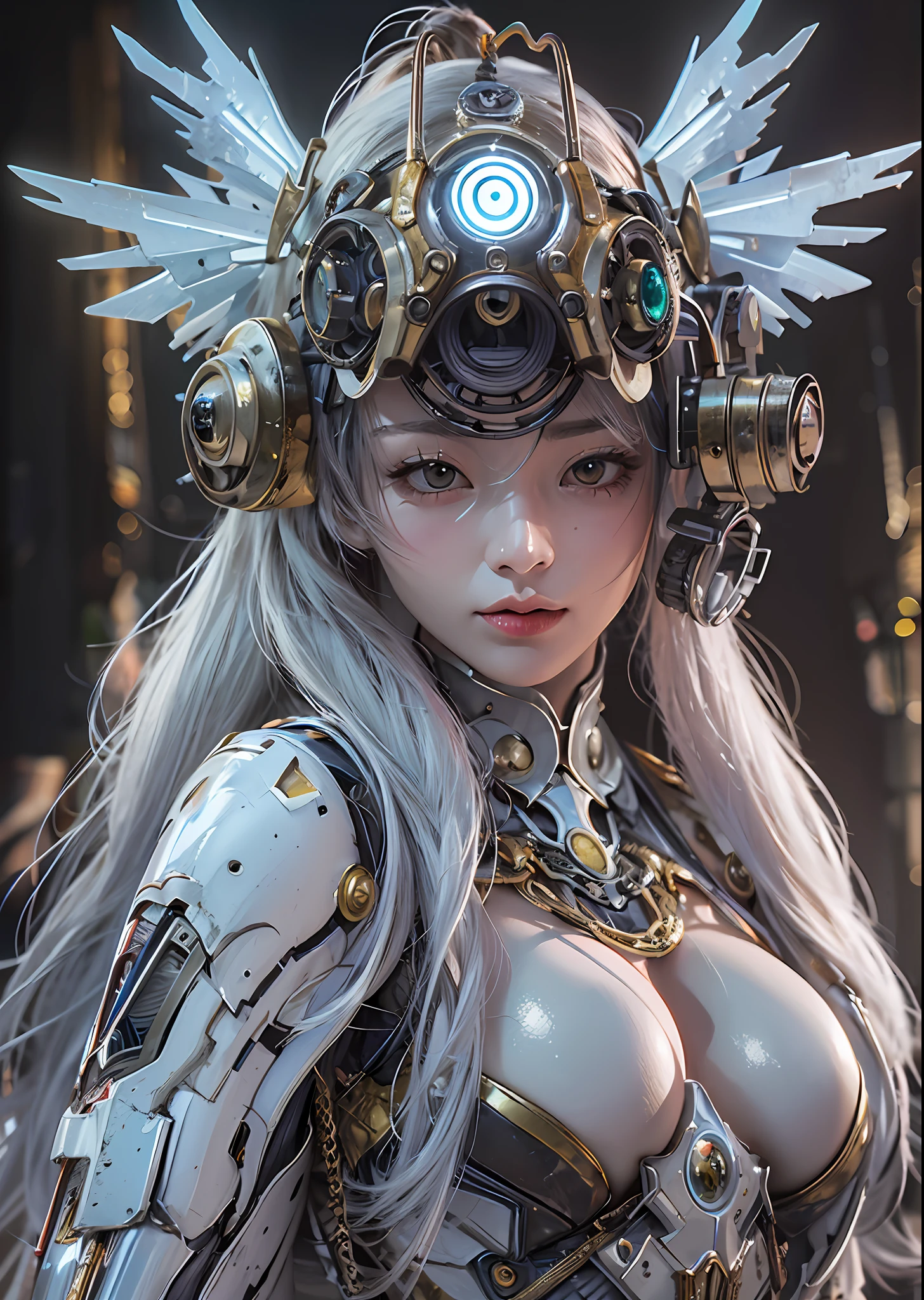 top-quality、masterpiece、超A high resolution、(Photorealsitic:1.4)、Raw photo、Steampunk Battle Cyborg Angel、large wings made of metal、White porcelain body、Acrylic Clear Cover、white hair、glowy skin、1 Cyborg Girl、((super realistic details))、portlate、globalillumination、Shadow、octan render、8K、ultrasharp、character edge light,Colossal tits、Raw skin is exposed in cleavage、Details of complex ornaments、Sumerian details、Hydraulic cylinder、Small LED lamp、highly intricate detail、Realistic light、a purple eye、radiant eyes、Facing the camera、neon details、cowboy shot、Futuristic headgear、About Cyberpunk、、