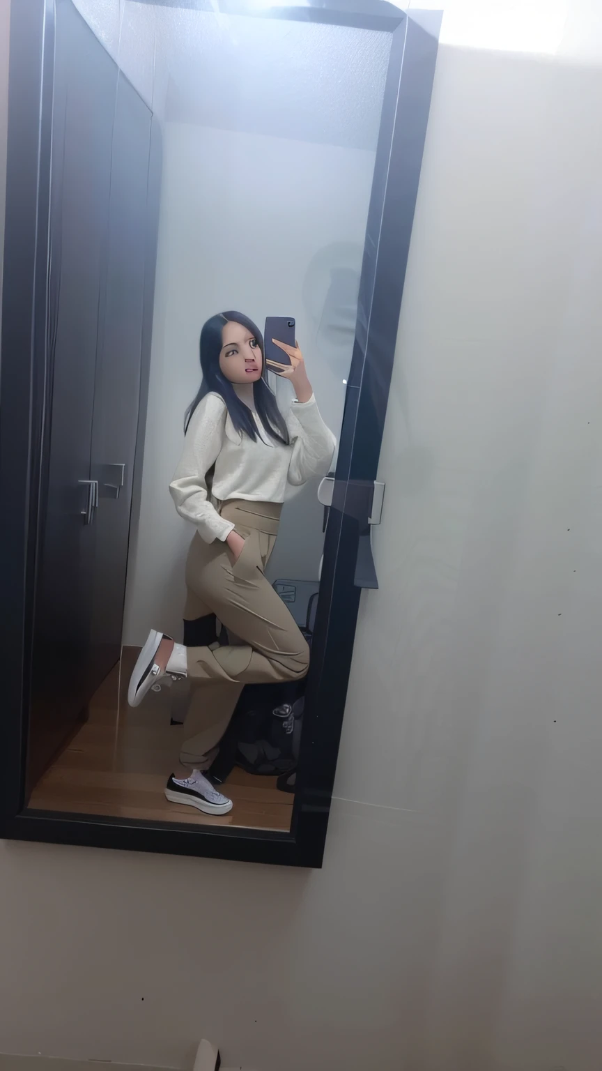 there is a woman taking a selfie in a mirror, foto del atuendo, Traje negro, Traje negro total, con camiseta negra, Ropa negra moderna, Vestido todo de negro, Ropa vestida de negro, con una camiseta negra, Imagen de cuerpo entero, con una camiseta negra, Ropa negra, ropa negra, OOTD, Traje minimalista oscuro, vestimenta: golpe, pantalones negros